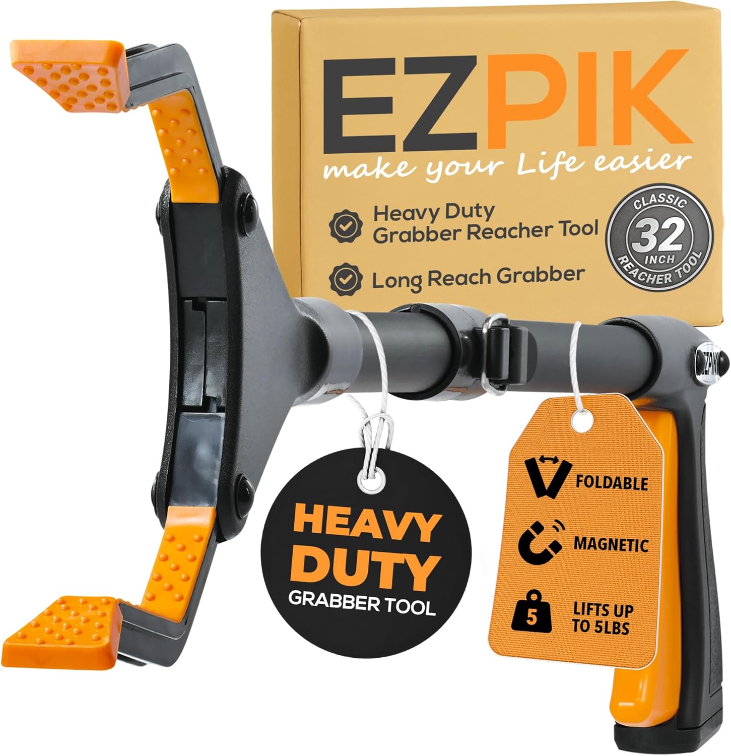 EZPIK Classic 32” Folding Grabber Reacher Tool with Dual Magnets, Heavy Duty Trash Picker Upper Grabber for Seniors & Disabled Users, Aluminum Pickup Tool for Everyday Reaching Aids (Black)