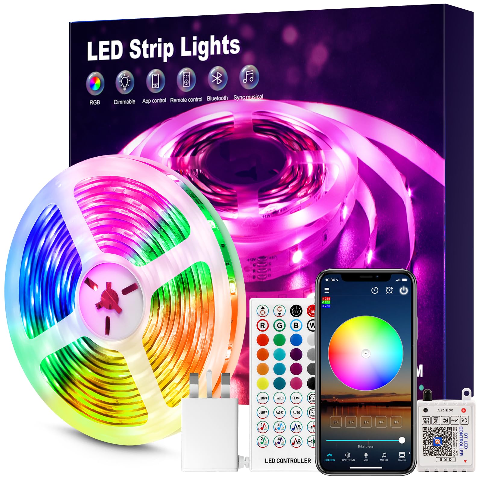 Beaeet Multicolor Led Strip Light 15M, Rgb Music Sync Colour Changing Led Lights For Bedroom, Smart Ambient Lights With Bluetooth App & Remote Control, Flexible Design For Gaming, Ceiling, And Home Decoration
