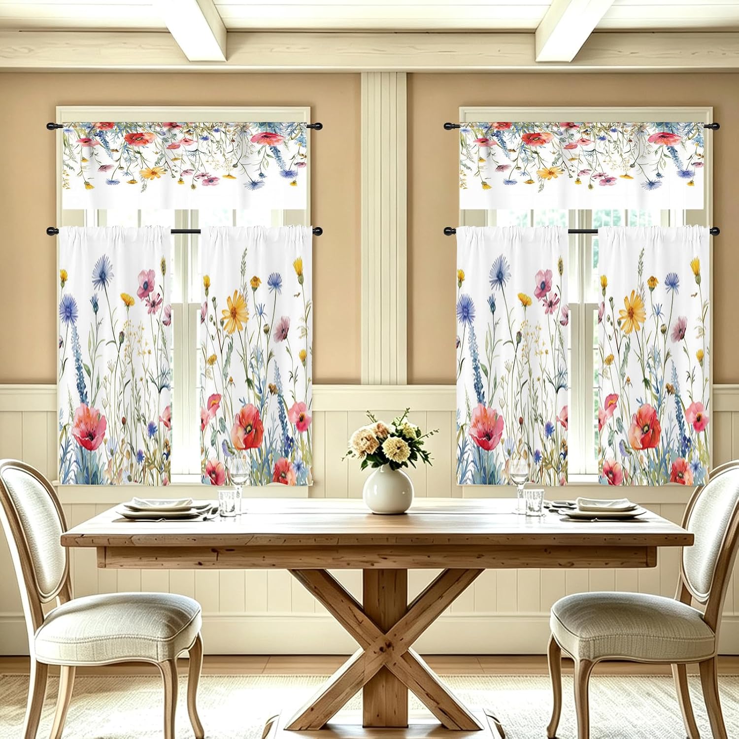 Floral Kitchen Curtains Sets for Windows, Tier & Valance, 52x24 Inch