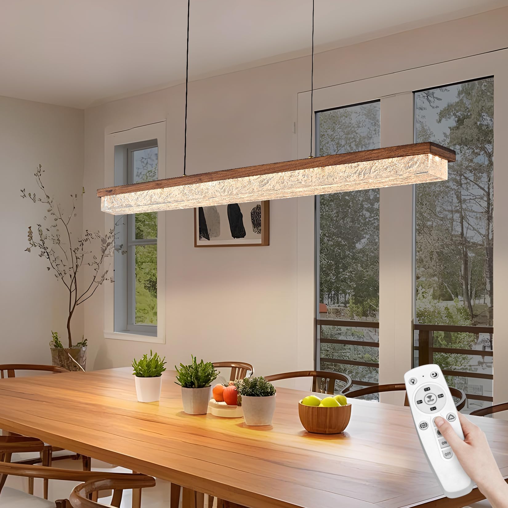 Photo 1 of Wood Linear Chandelier,Dimmable Kitchen Island Lighting with Remote,Modern LED Pendant Light Fixture for Dining Room Over Table,Walnut Linear Chandeliers for bar,Living Room,Pool Table, 3000K-6000K.