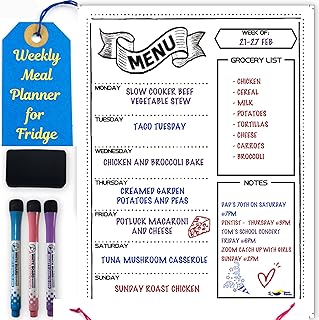 Magnetic Weekly Meal Planner for Refrigerator – 16x12” Dry Erase Menu Board for Kitchen – Fridge Calendar with 3 Markers & Eraser – Track Meals, Groceries, Notes & More – Easy-Clean Whiteboard