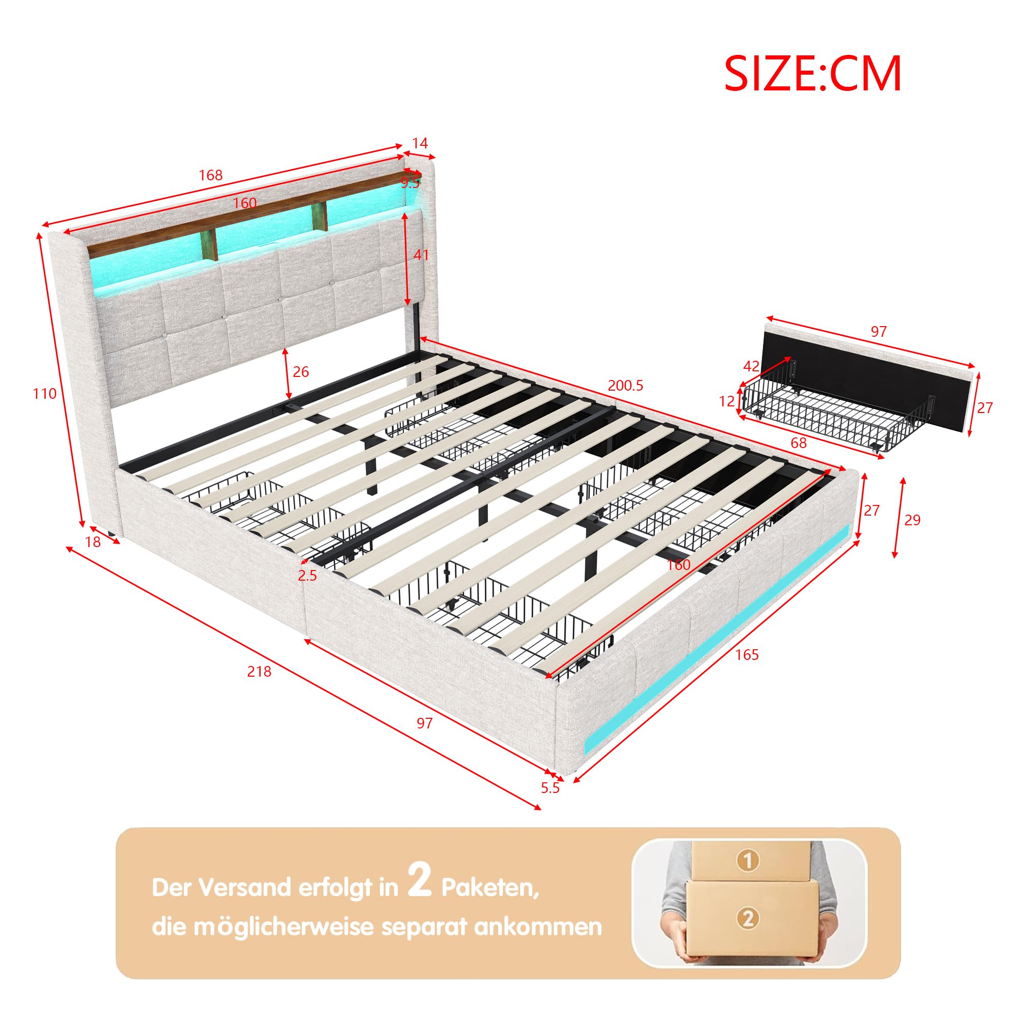 Cama con Espacio de Almacenamiento hidráulico 160x200,Cama tapizada con LED,Cama Acolchada con cajón,Cama Doble con LED y 4 cajoneras,Camas matrimoniales Maletero con cabecero y somier (Beige+Lino)