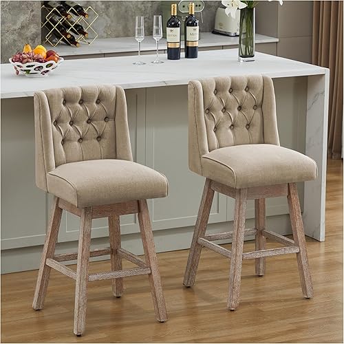 Miniatura 17 de Juego de 2 taburetes de bar de altura de mostrador, taburetes de bar giratorios de 360° con respaldo y patas de madera, taburetes de bar tapizados