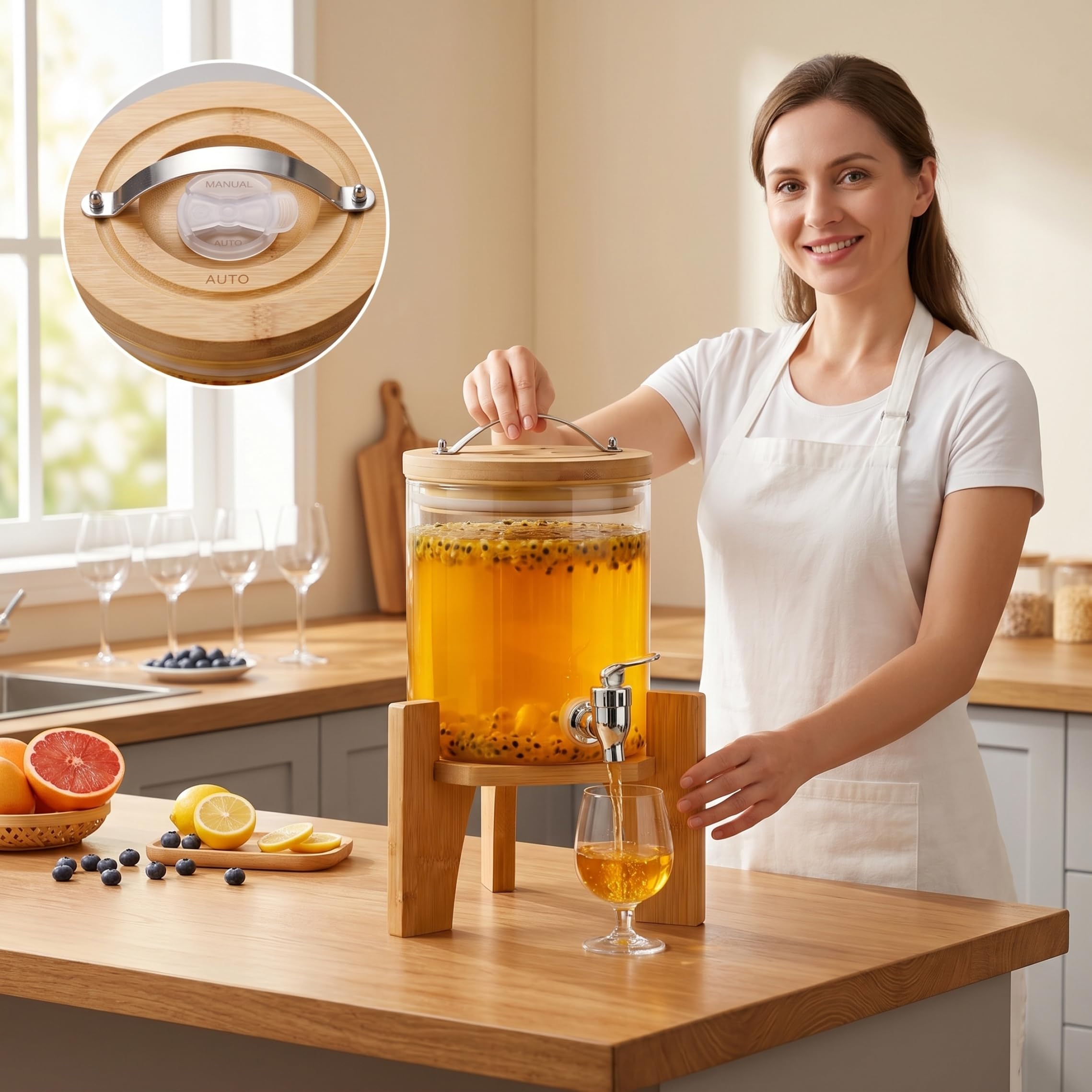 1, 5-Liter-Getränkespender aus Glas mit Bambusständer und Zapfhahn, Getränkespender mit Ständer zum Selbstbrauen von Saft-Eisgetränken