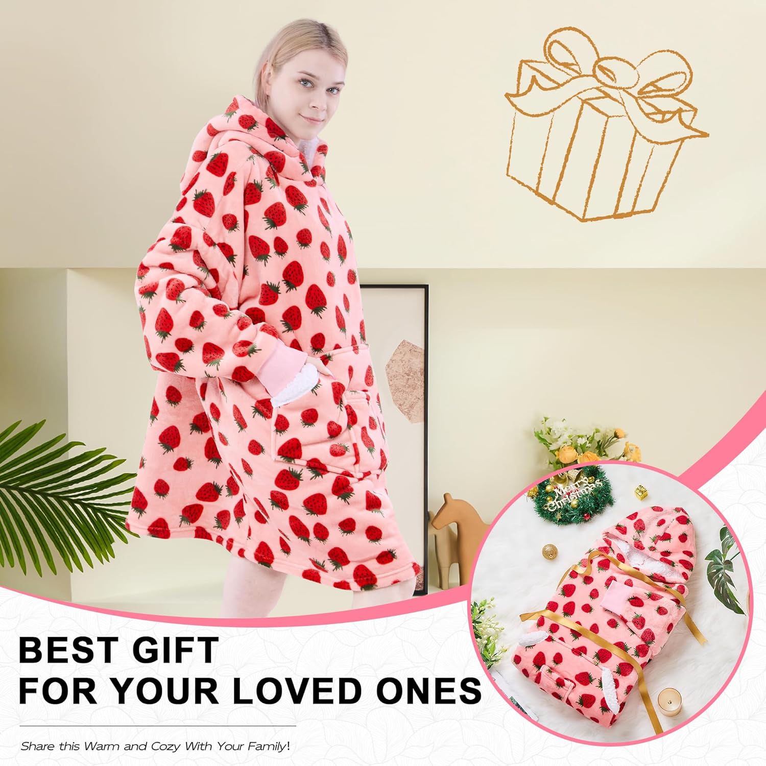 Wearable Blanket Hoodie for Adult Women, Oversized Sherpa Fleece Hooded Sweatshirt, Cozy Blanket Hoodie with Sleeves for Winter Gift (Pink Strawberry) - Image 6
