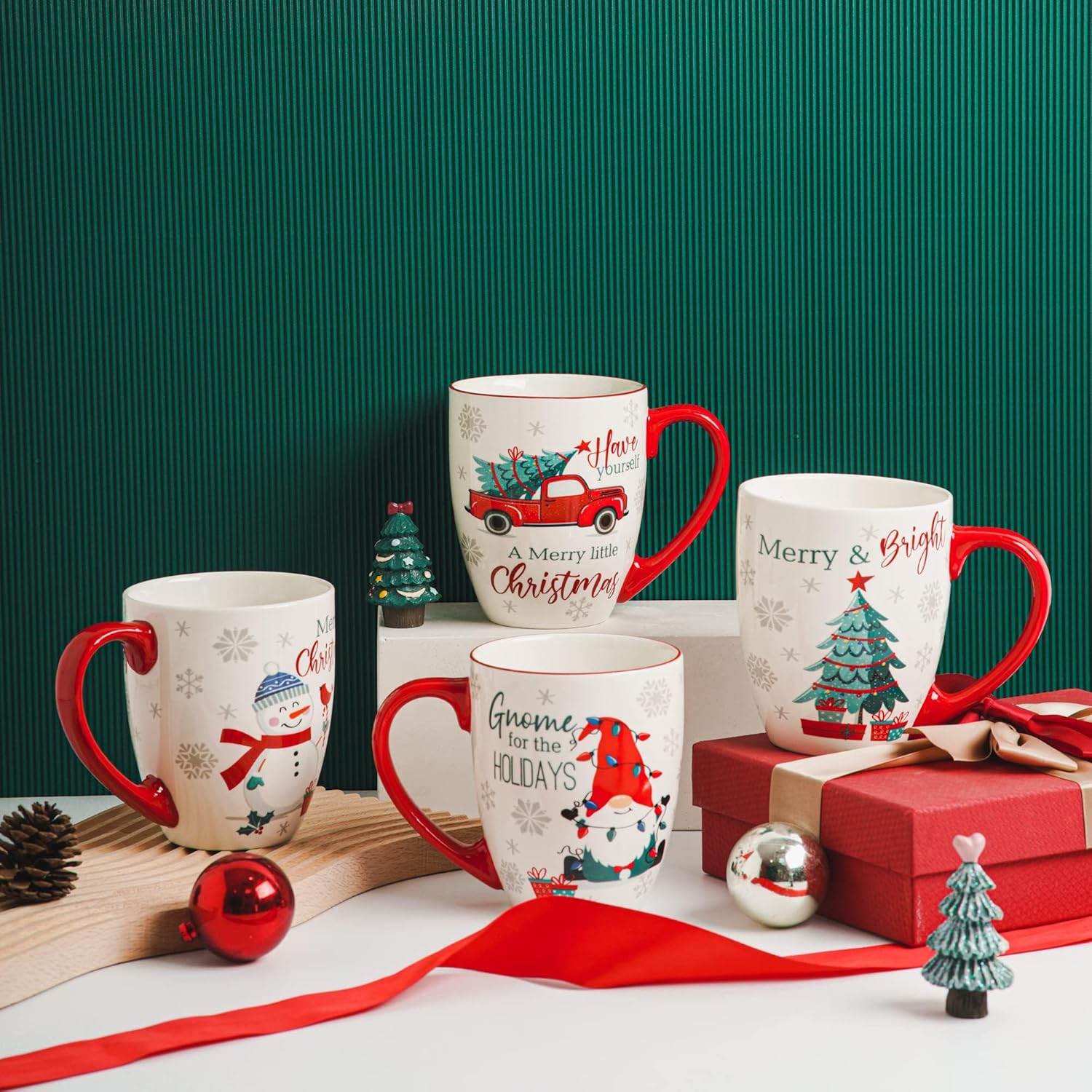 DUSVALLY Christmas Ceramic Coffee Mug, Porcelain Tea Cups Ideal Holiday Gifts for Friends and Family, Festival Unique Gifts for Home and Office, 18 Oz, Set of 4