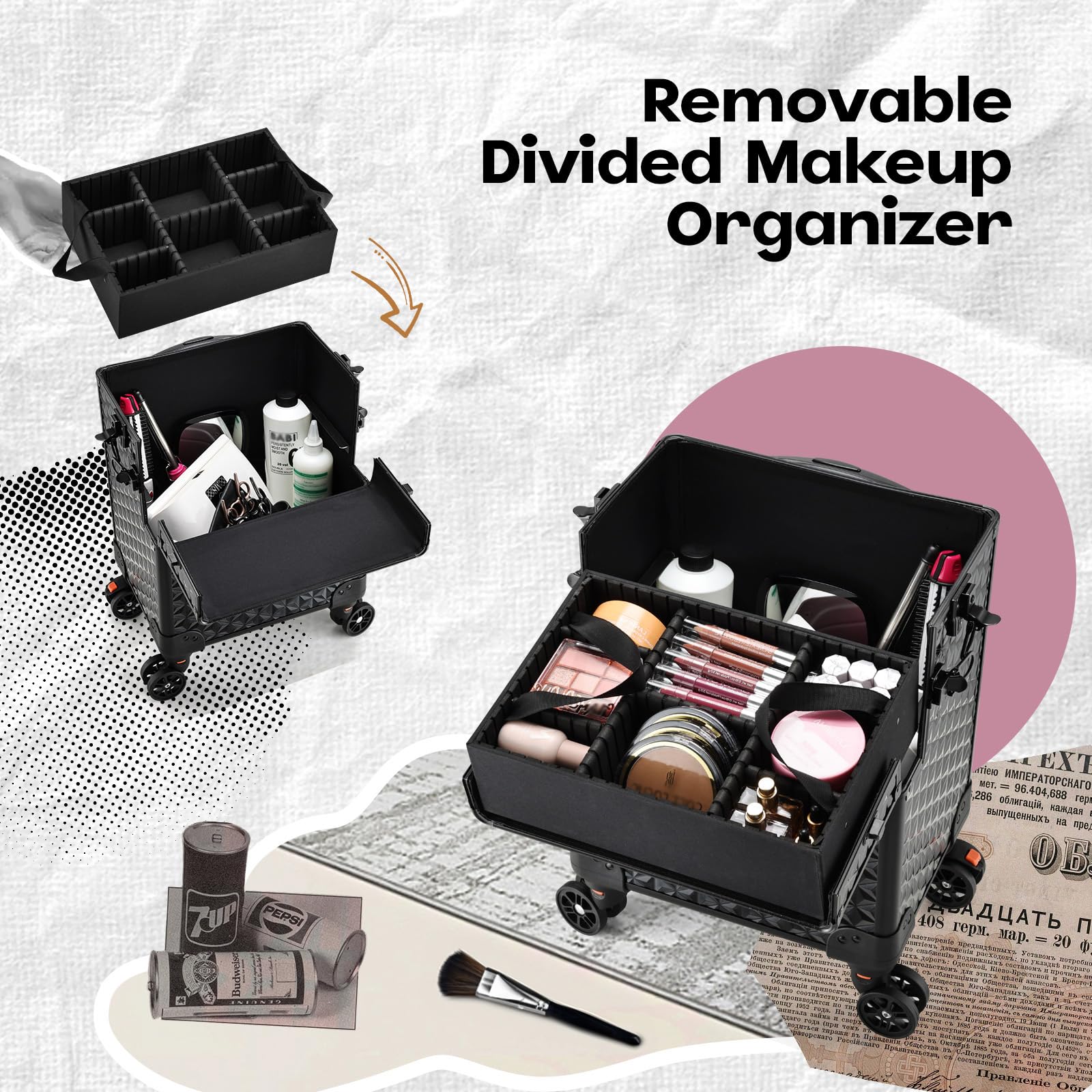 Maleta de Maquillaje 5 en 1 con Ruedas Maletín de Maquillaje de Aluminio Maletín de uñas vacio Caja Maquillaje Profesional Organizador de Maquillaje, Negro Claro