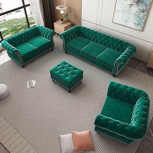 Miniatura 4 de AVZEAR Sofá de 3 plazas, sofá de terciopelo, sofá grande, moderno, de tela Chesterfield, moderno, de 3 plazas, sofá Chesterfield clásico copetudo,