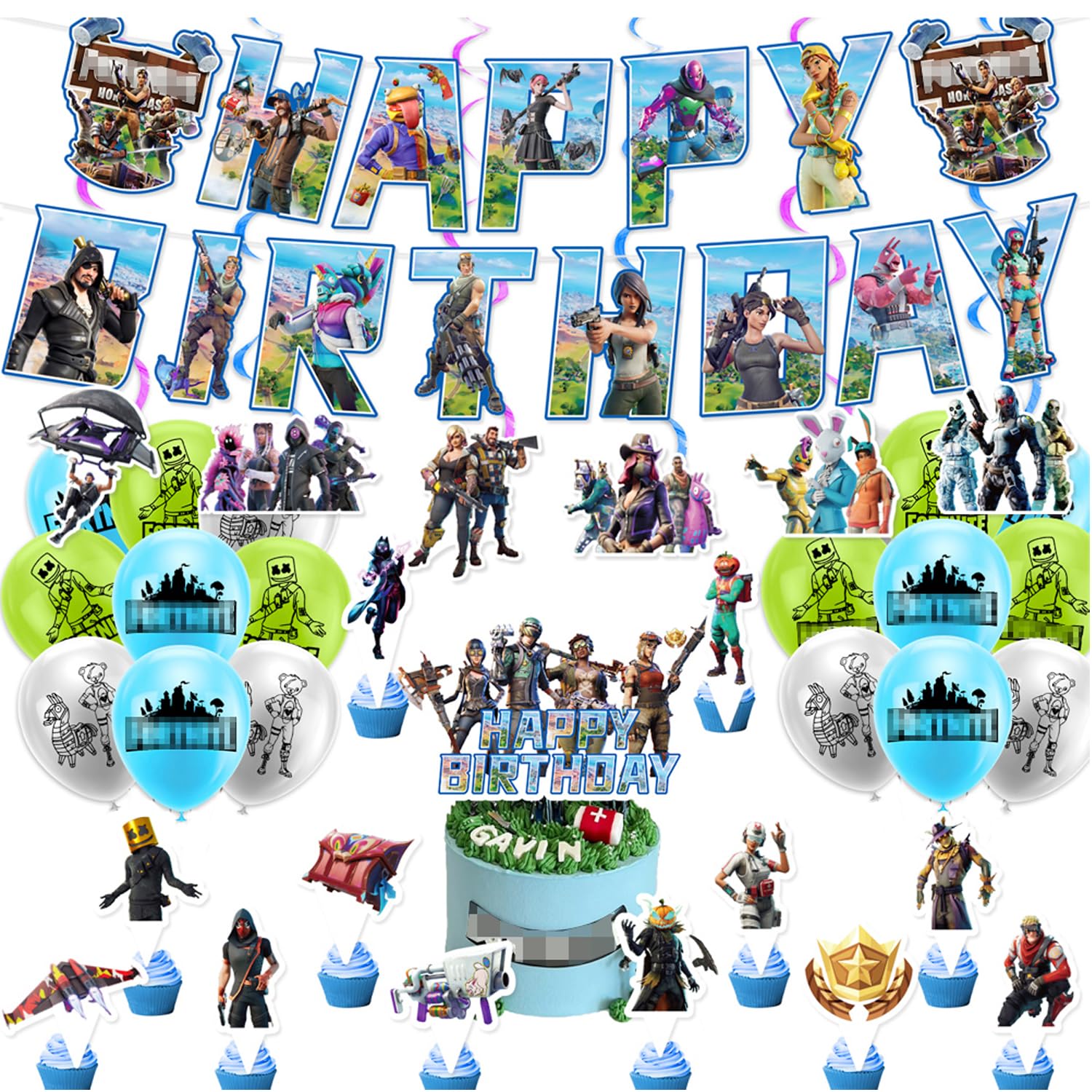 Video Game birthday decorations set Party decor Supplies Include Happy Birthday Banners, Cake Toppers, Cupcake Toppers,Balloons,Hanging Swirls Decorations