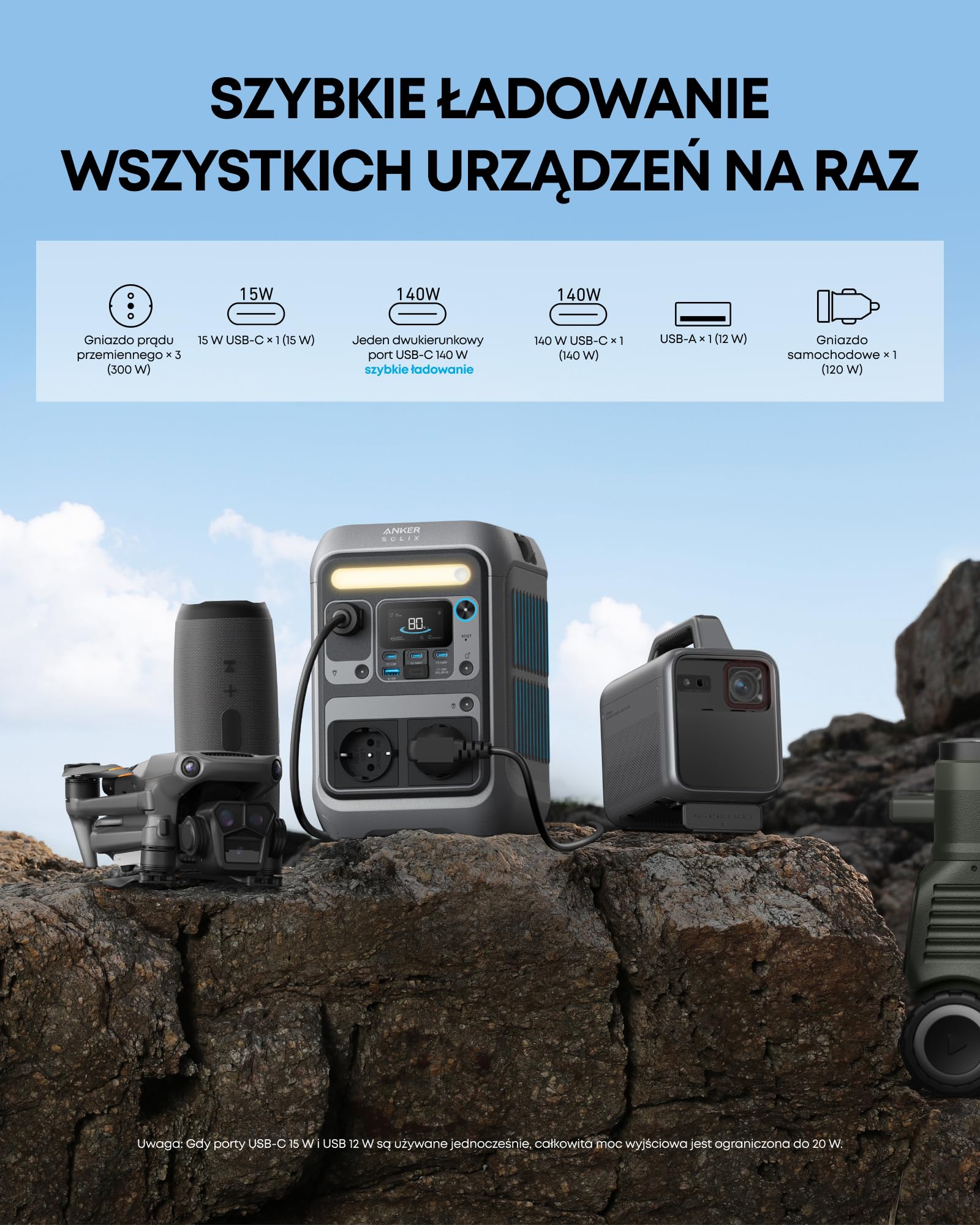 Anker SOLIX C300 Portable Power Station, Akumulator LiFePO4 288 Wh na zewnątrz, Generator słon. 300 W (600 W szczyt.), Szybkie ładow. dwukier. 140 W, na kemping, zasilanie awaryjne (panel słoneczny)