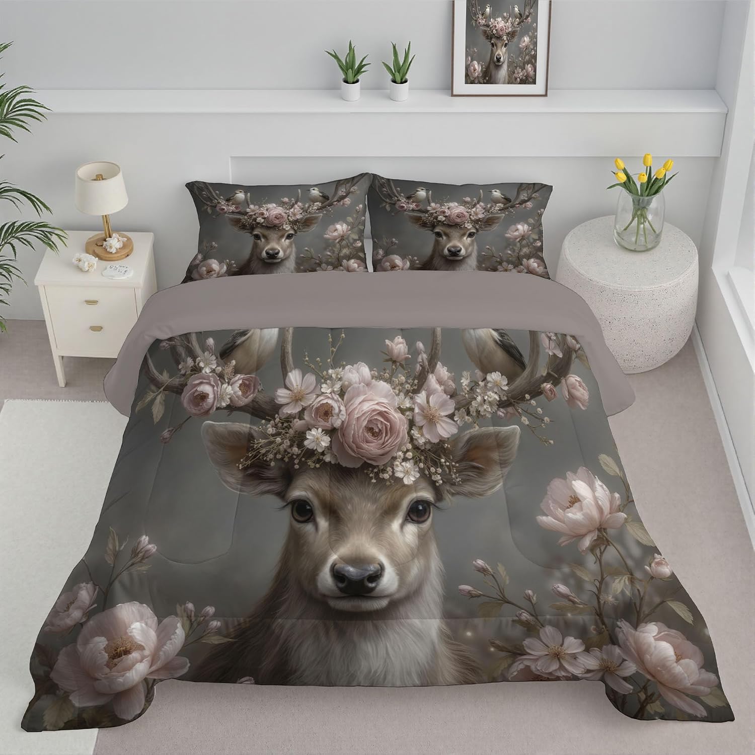 Kids 90" x 90" Coverless Duvet for All Seasons, Reversible Washable 3 Quilt with Countryside Flowers Patterns, Grey Comforter with 2 Pillowcases 50x75cm, Queen