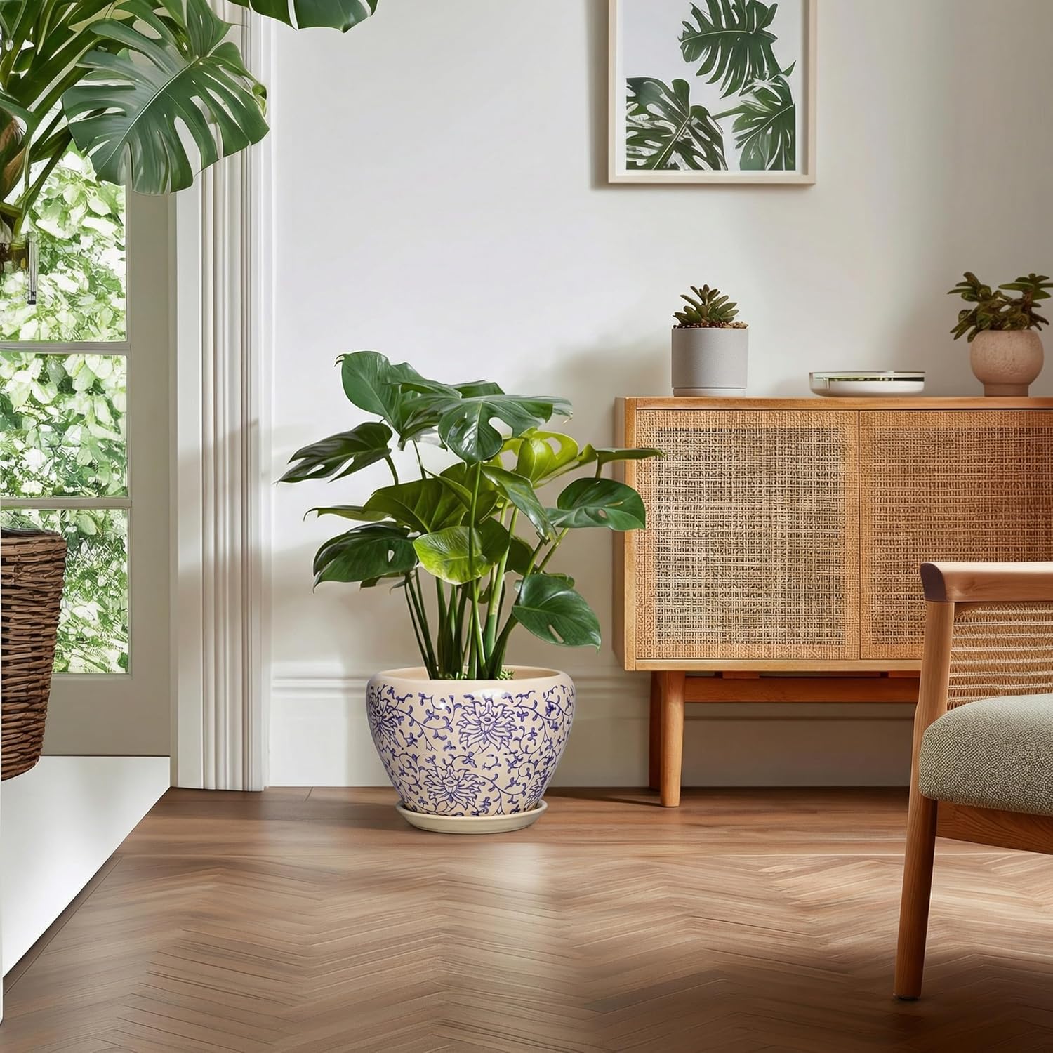 Ceramic Pots for Plants 10 Inch - Indoor Flower Pots with Drainage Hole and Tray, Decorative Pot for Indoor Outdoor Plants, Round Planters, Bathroom Decor, Gifts for Men Women, Retro Blue