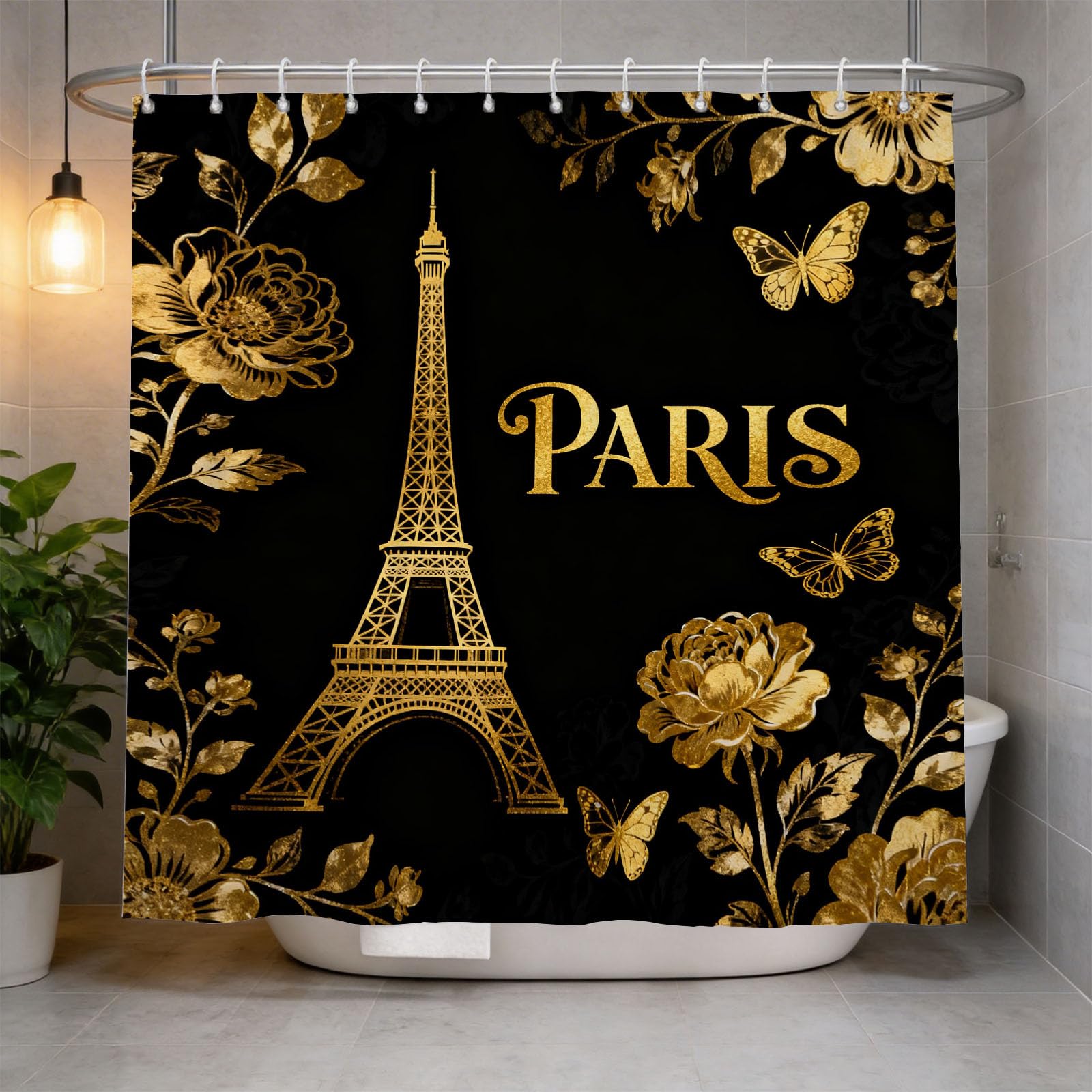 Hongduo 3D Golden Eiffel Tower Shower Curtain for Stalls Bathtubs Cartoon Bathroom Decor Shower Curtain Set Polyester Fabric Waterproof 180x180cm/71X71 Inch with Hooks