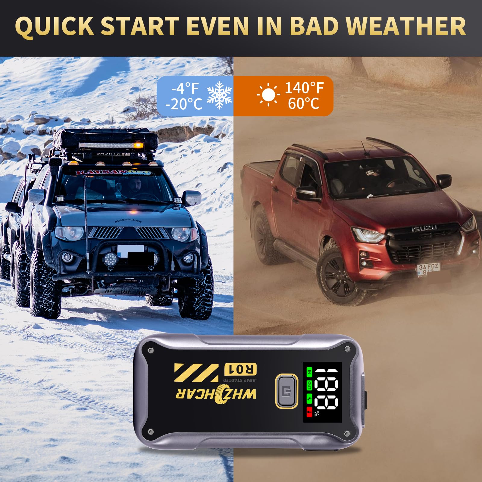 Booster Avviamento Auto 4000A 12V Starter Batteria Auto Portatile Avviatore per auto con schermo LCD Car Jump Starter Cavi Batteria Auto Estesi per auto, camion, moto, SUV, ecc