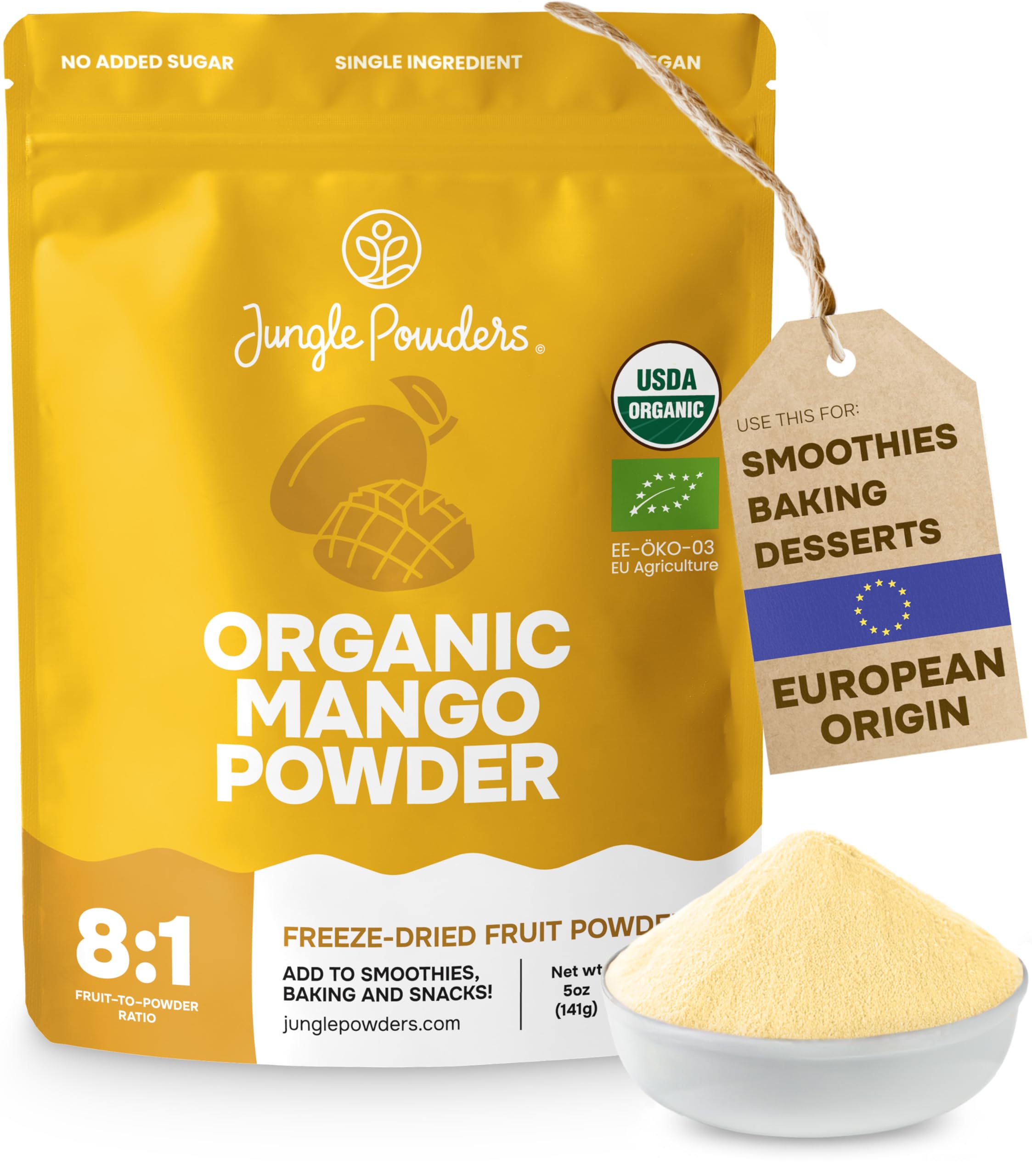 Jungle Powders Organic Mango Powder 5 Ounce Bag, Mango Extract for Baking, Smoothies, Desserts, Freeze Dried Mango Powder, Non-GMO Vegan Dried Mangoes Dry Juice Vegan Fruit