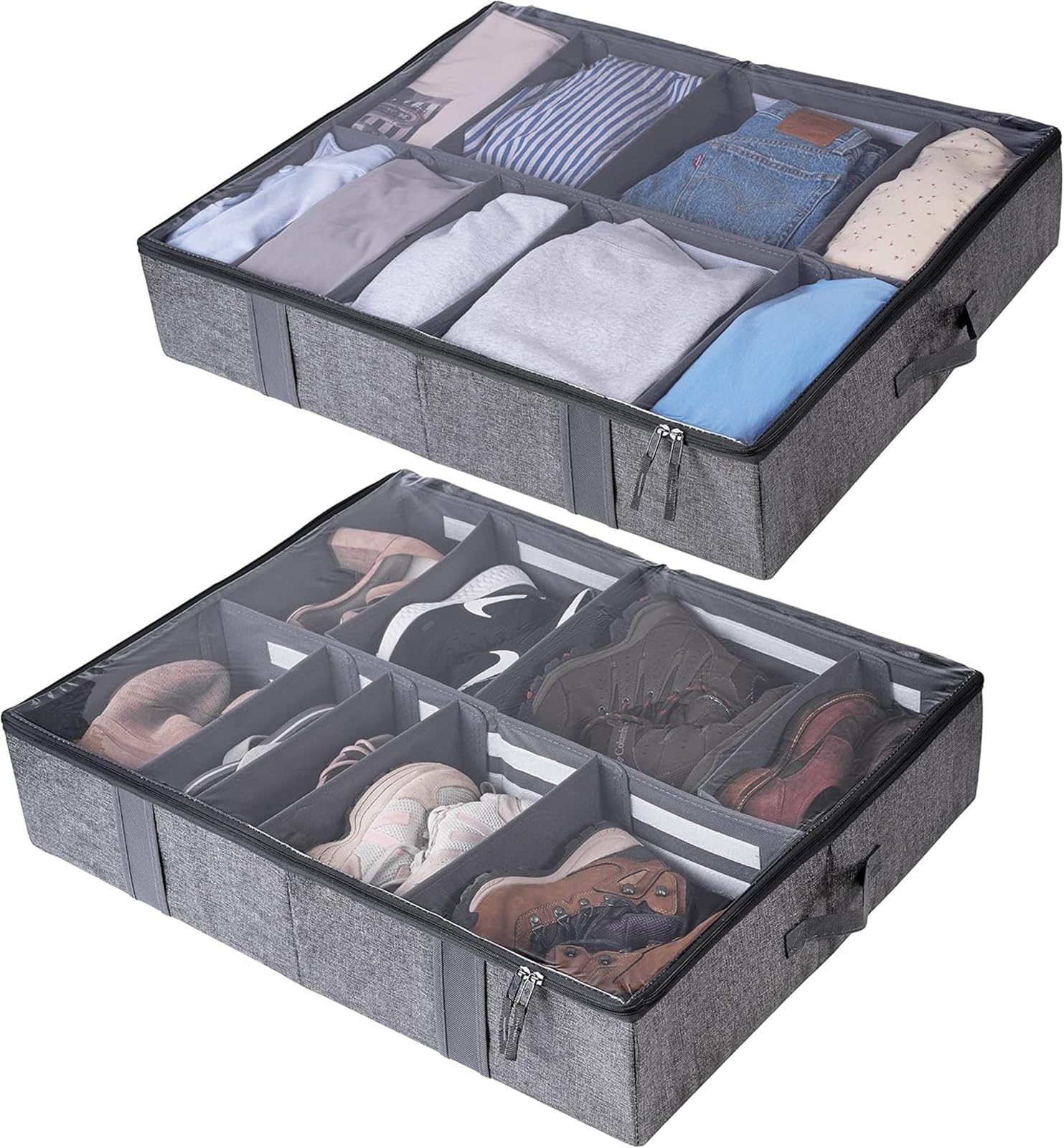Zusammenklappbarer Aufbewahrungswürfel aus Stoff, Organizer-Behälter mit Deckel, faltbare Würfel, Schuh unter dem Bett, verstellbare Trennwände, feste Struktur, transparente Abdeckung – 2er-Set