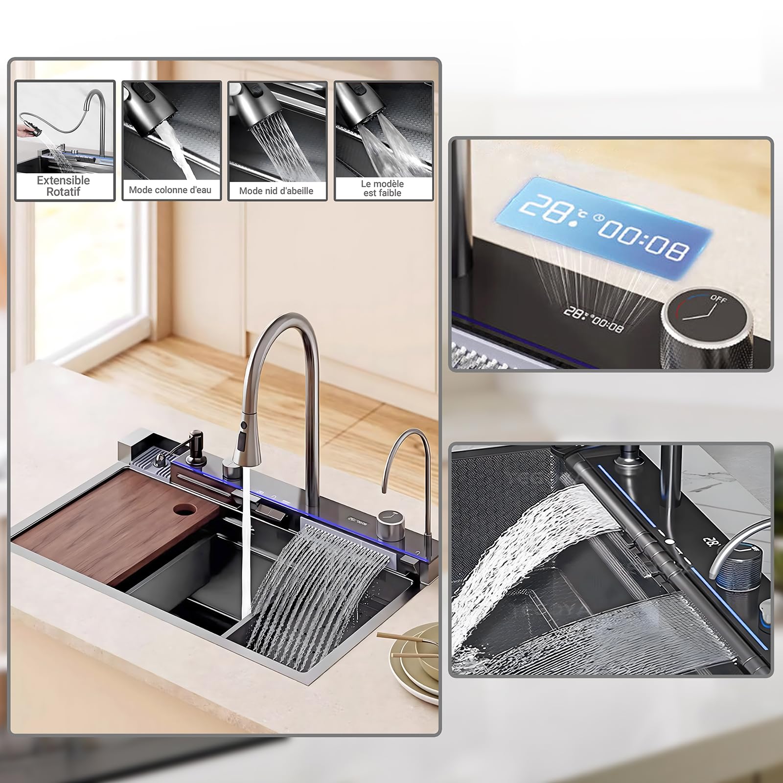 Noir Évier de cuisine 1 baignoire multifonction en acier inoxydable, évier en cascade, avec drainage, planche à découper, lavages, distributeur de savon