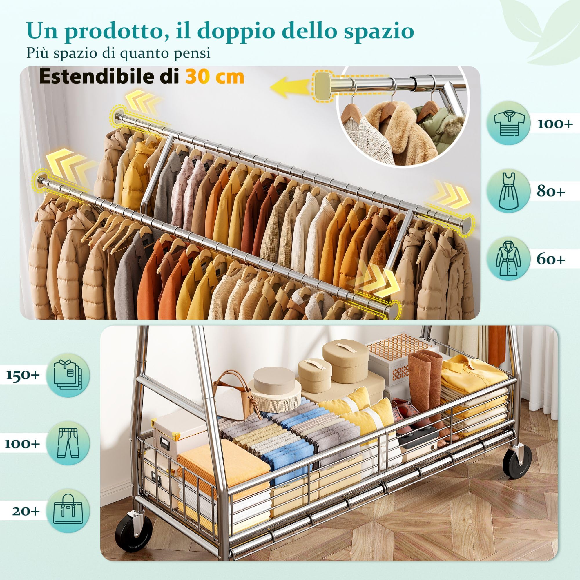 Stand Appendiabiti con Ruote e Cestino, Portata max 200KG, Argento | Doppia barra (alta e bassa) e vassoio rete, appendiabiti estensibile 106–166 cm, per Presentazione, Stoccaggio, Argento