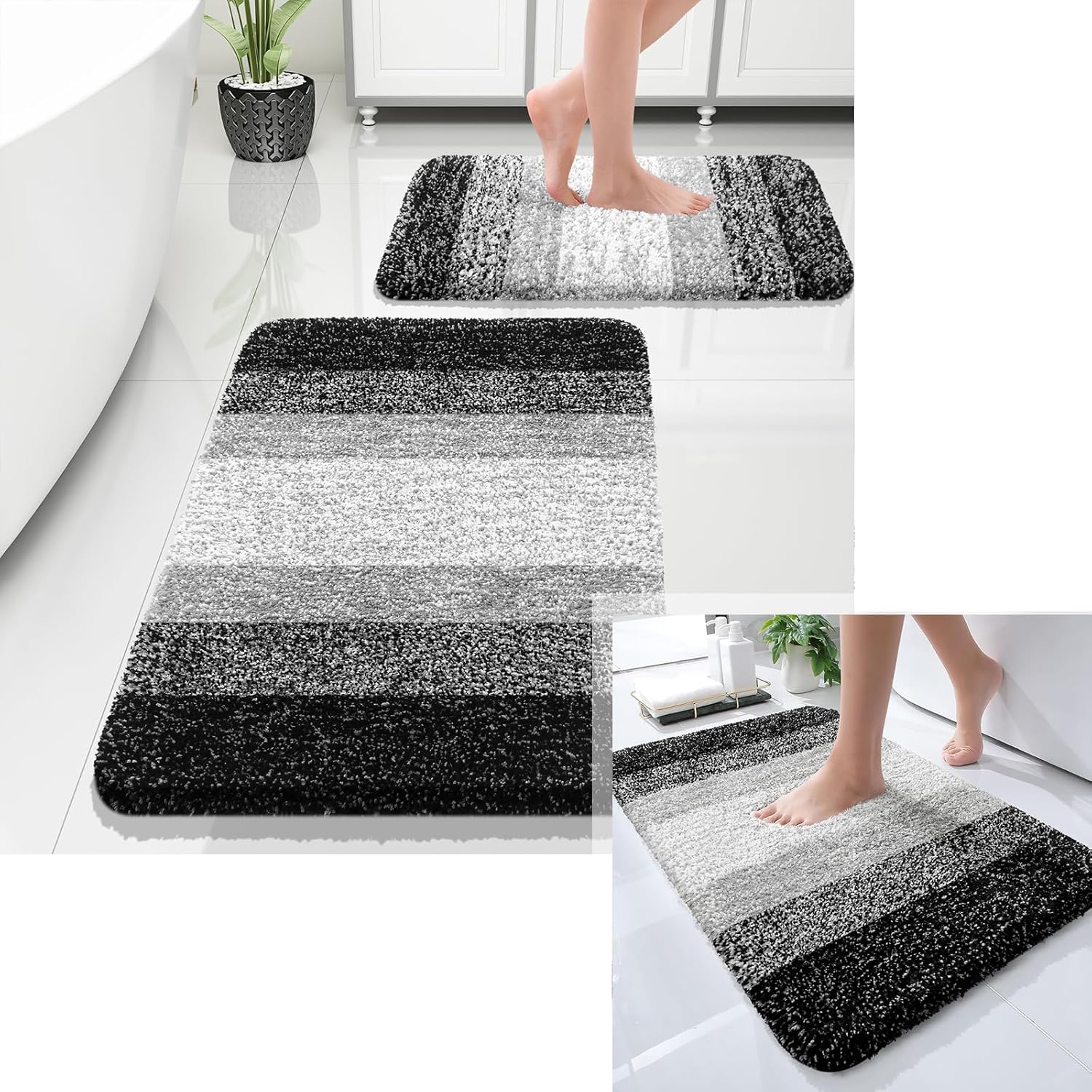 OLANLY Ombre Bath Rug and Bathroom Rugs Sets 2 Piece, Bath Rug Size 30x20 and Bathroom Rug Set Size 24x16+30x20 in Black, 3 Item Bundle