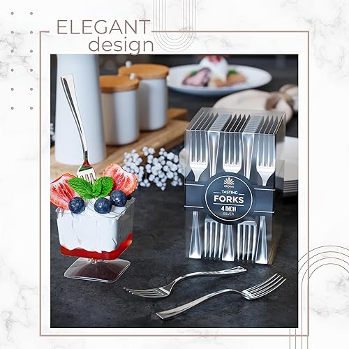 Miniatura 5 de Exquisite Mini tenedores de plástico de 100 quilates cubiertos de alta calidad color plateado se parecen a tenedores de postre de plástico resistente