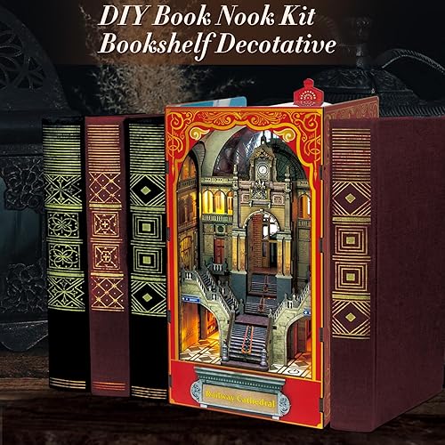 Miniatura 5 de Kit de rincón de libros, rompecabezas de madera 3D para decoración de casa de muñecas con LED, kit de decoración de estantería en miniatura para