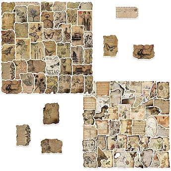 PLUSHCEWT 100 Piece Vintage Sticker Set with Antique Manuscript and Burnt Fragments Designs Waterproof PVC Journaling Stickers for Planners Diaries Scrapbooking Laptop DIY Projects