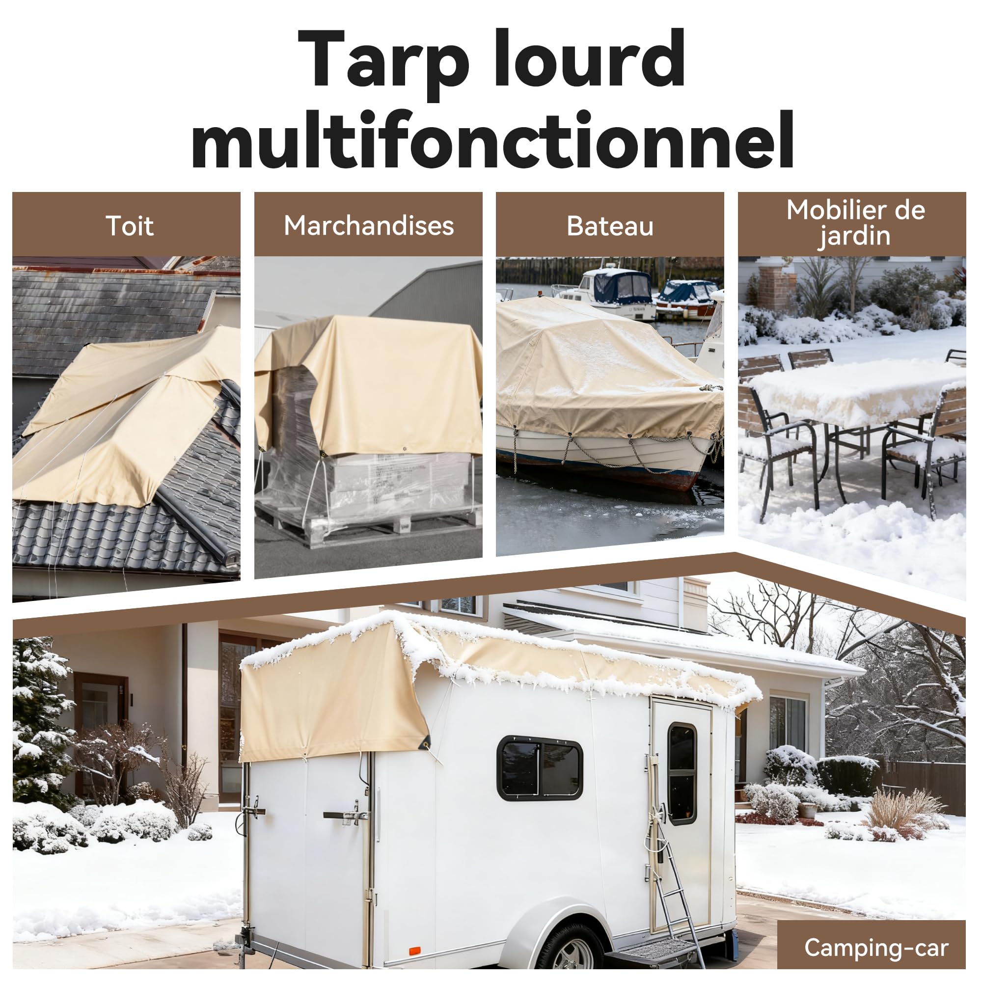 Bâche de Protection Extérieure 2x2m 210g/m² Beige - Bâche Imperméable avec Oeillets Renforcés, Anti-UV, Résistante aux Intempéries et au Gel pour Usage Extérieur Polyvalent
