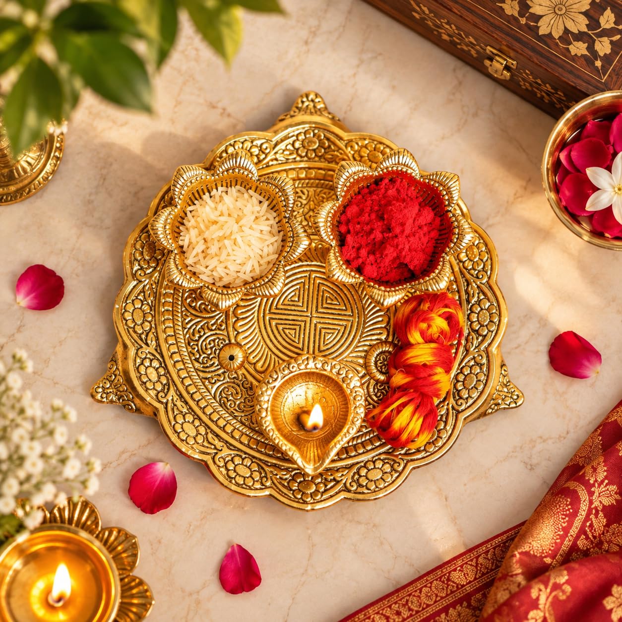 Silver Plated Pooja Thali Set with Diya & Bowls -9