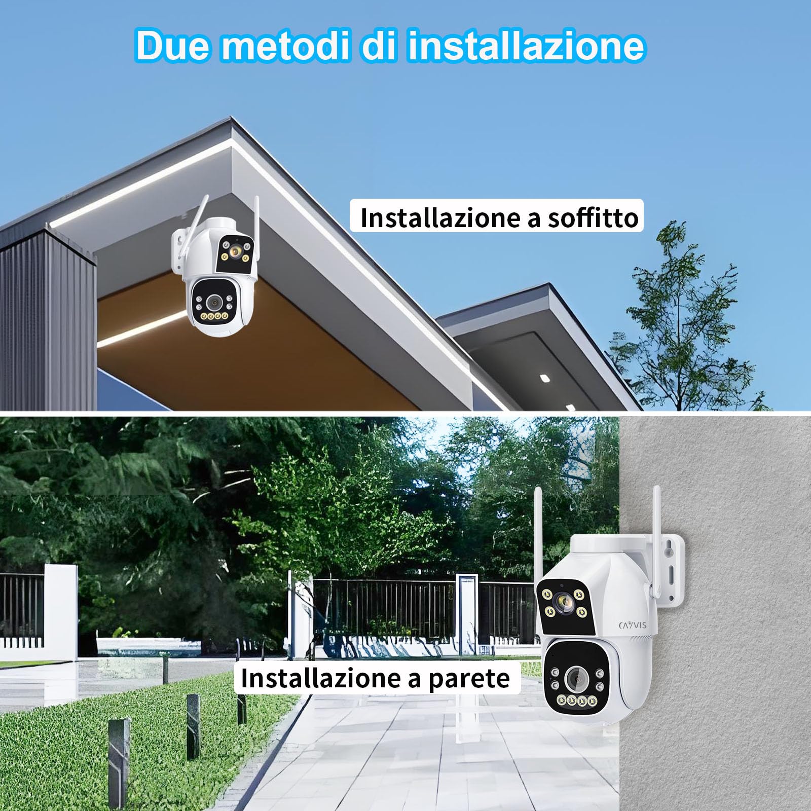 2MP+2MP Telecamera Wi-Fi Esterno, 2.4GHZ/5GHZ PTZ Videocamera Sorveglianza Esterno con Doppia Lente,FHD Tracciamento Automatico, Visione Notturna a Colori, Audio Bidirezionale, IP66 (Bianco)