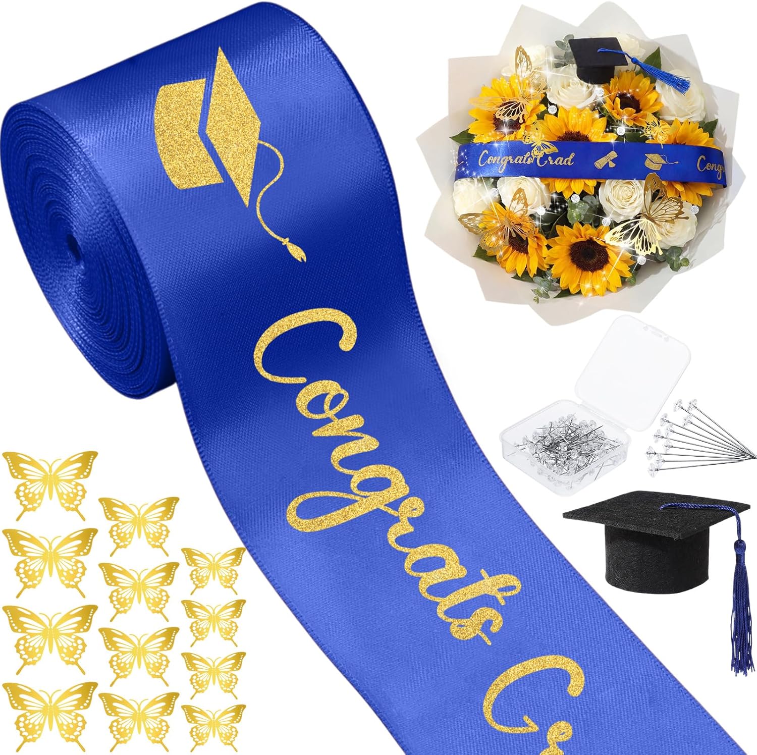 Zeyune 114 Pcs 2026 DIY Graduation Bouquet Set Black Ribbon with Glitter Gold Congrats Grad Mini Graduation Caps with Tassel Gold Butterfly Decor Diamond Pins for Graduate DIY Flower Gift