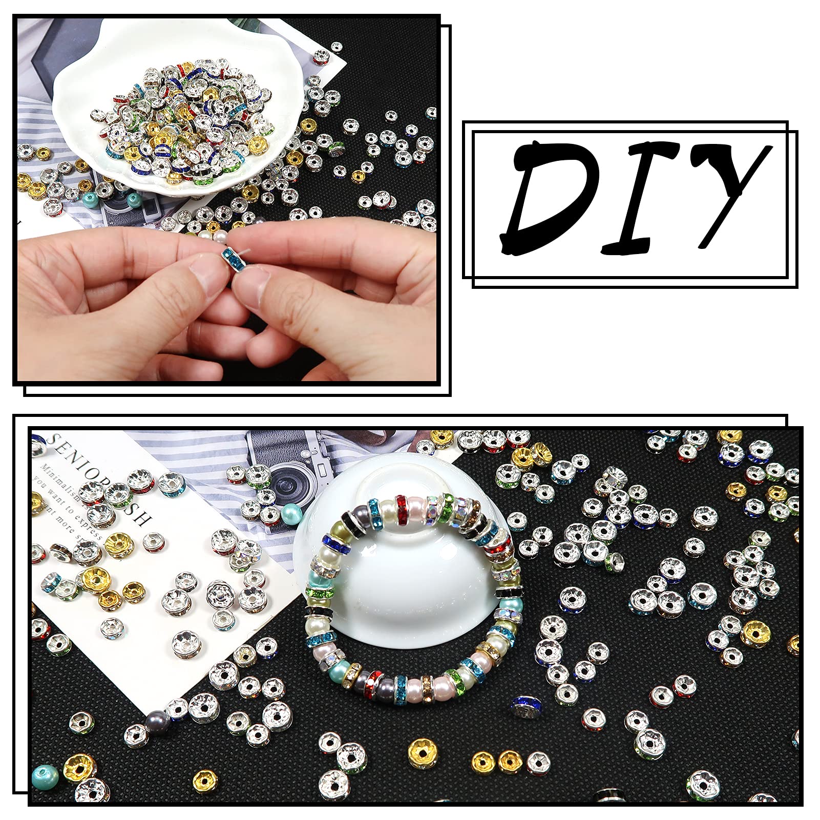 400pcs Perles Rondelles Métal Avec Strass 6mm 8mm - Perles Intercalaires Couleurs Mélangées Pour Bijoux DIY