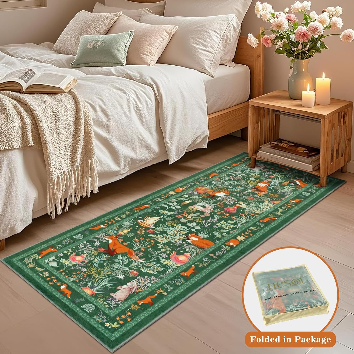 nerst Cute Botanical Runner Rugs for Hallway 2x6ft, Non Slip Animal Printed Kitchen Rug Washable, Soft Thin Jungle Fox Bedside Runners, Woodland Accent Floor Carpet for Bedroom Hall Bathroom (Green)