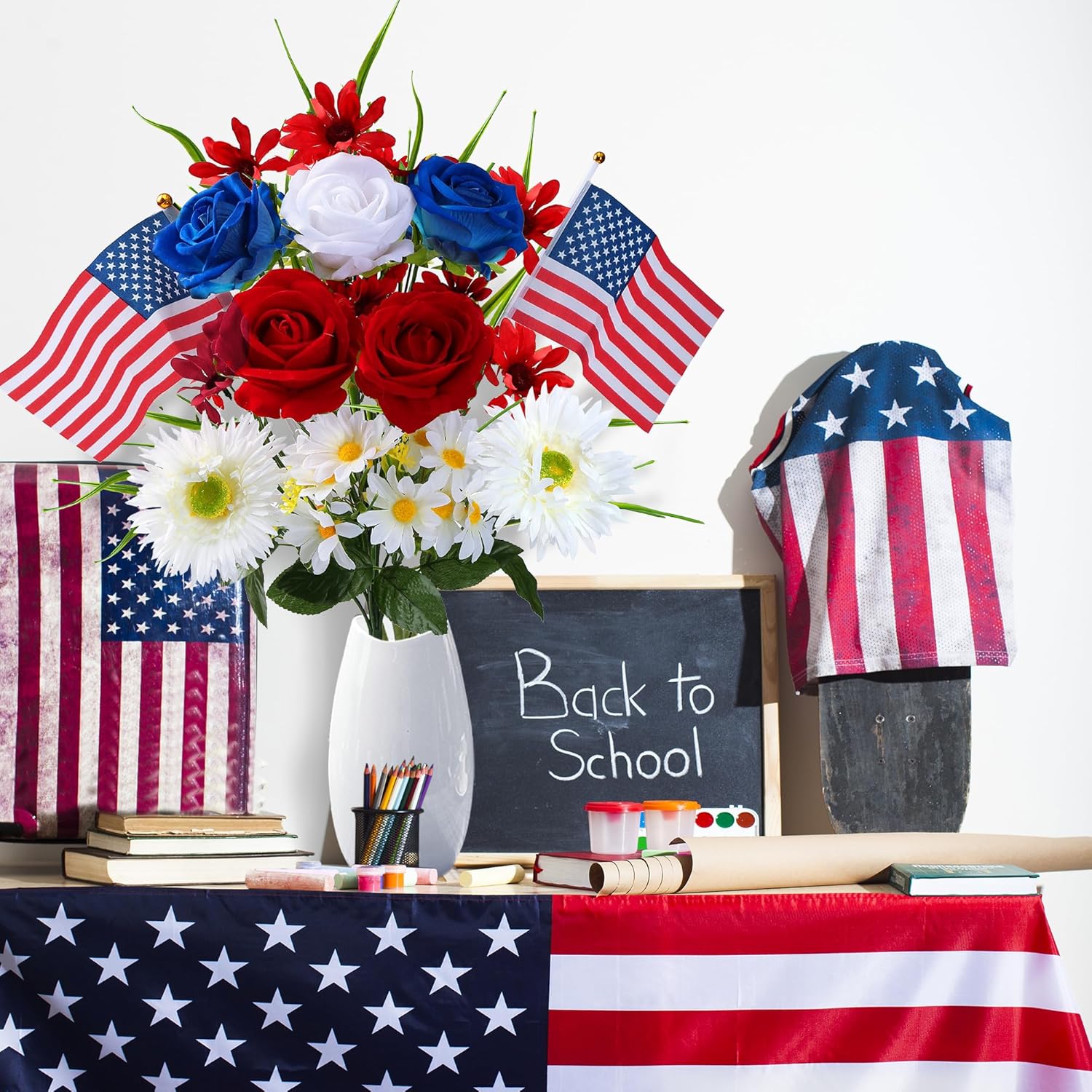 Sggvecsy Patriotic Artificial Flowers Memorial Bouquet Fake Red White and Blue Cemetery Flowers with American Flags Roses Daisy for Grave 4th of July Memorial Day Independence Day Veterans Decoration