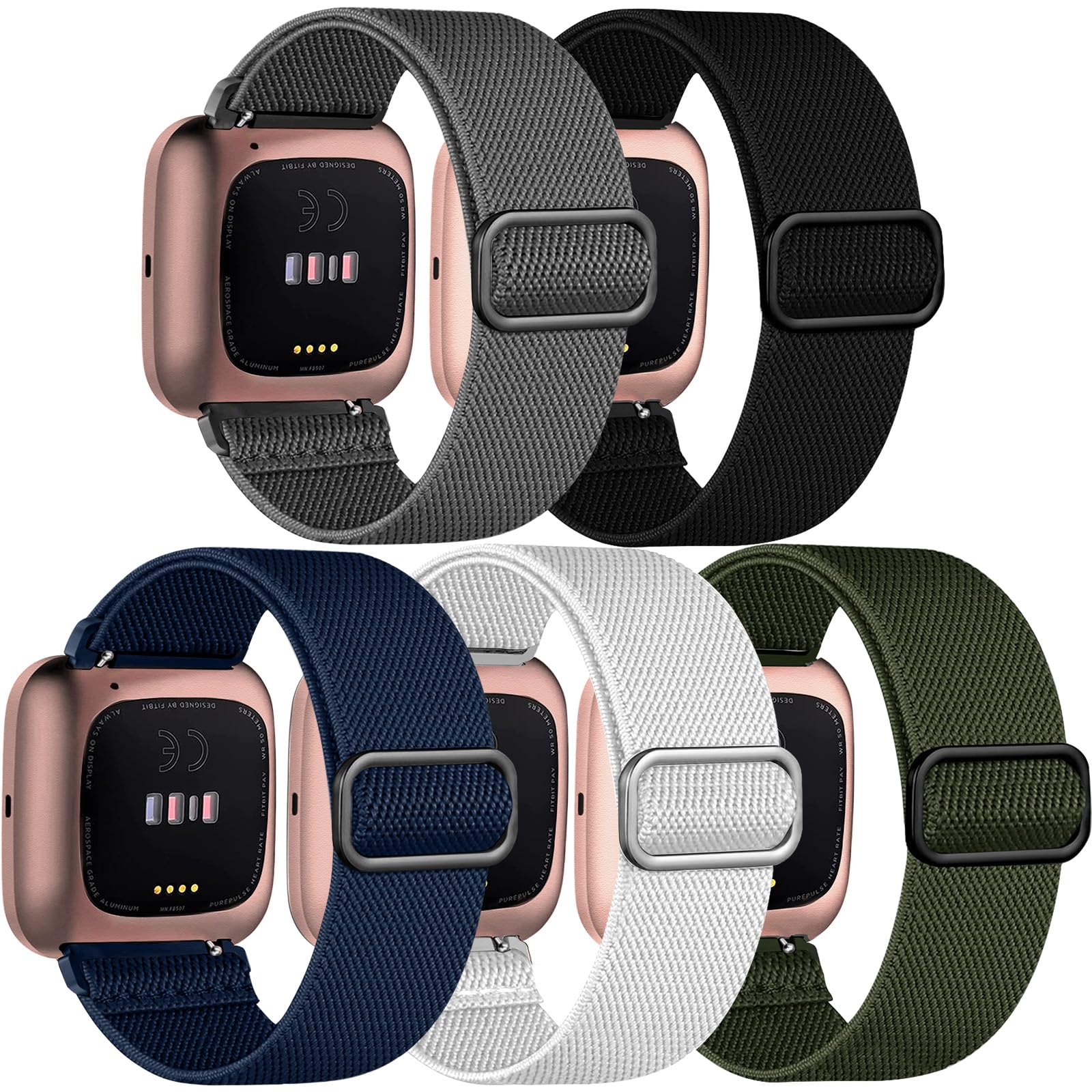 Chinbersky 5 Stück Armband Kompatibel mit Fitbit Versa 2 Armband/Fitbit Versa Armband für Frauen Männer,Verstellbares Dehnen Nylon Sport Ersatzarmband Kompatibel mit Fitbit Versa 2/Versa/Versa Lite/SE