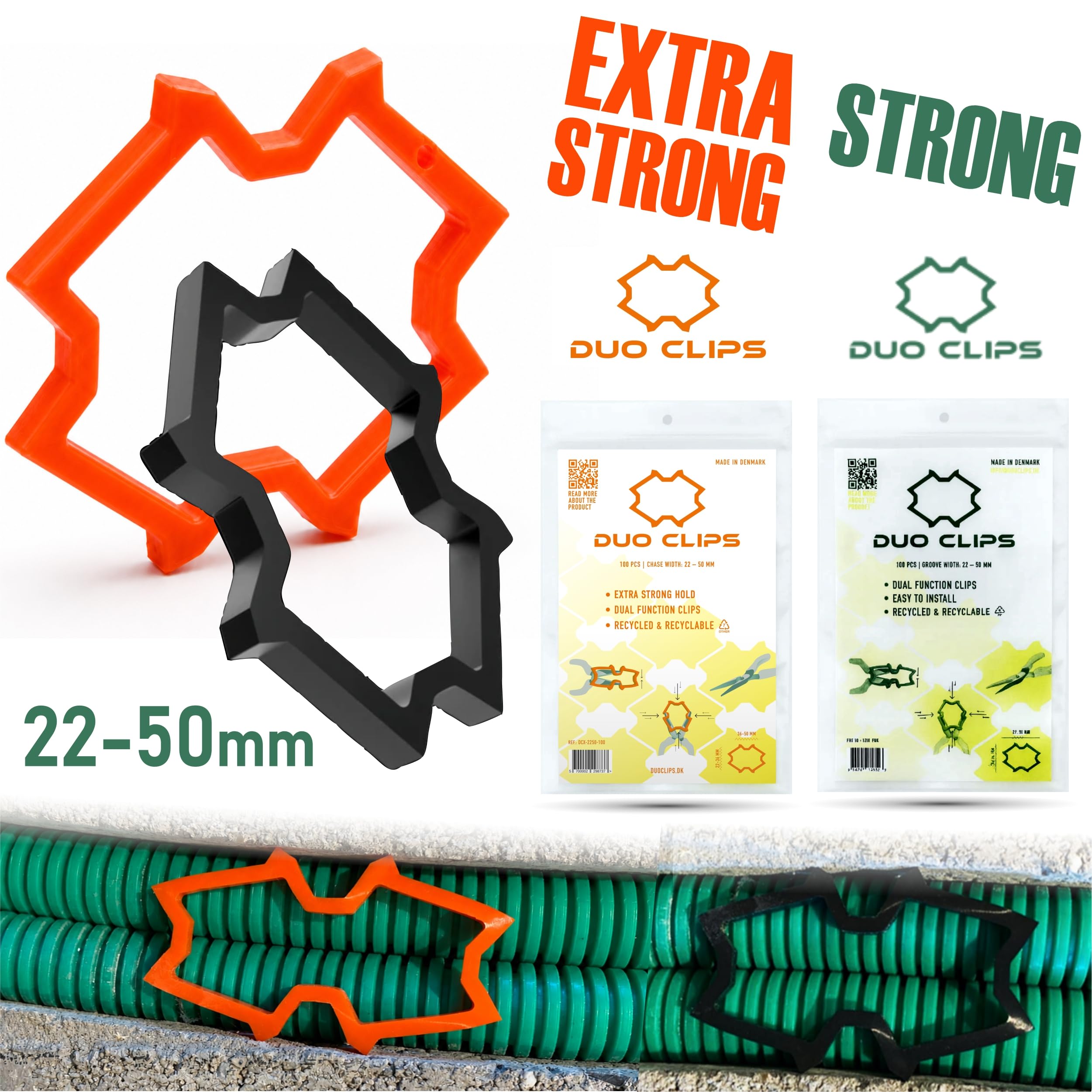 100 x DUO CLIPS Extra Strong 22-50 mm Uchwyt na Kabel Wielokrotnego Użytku uniwersalny kołek oczkowy | klips do kabli w bruzdach, do przewodów i rur PEX
