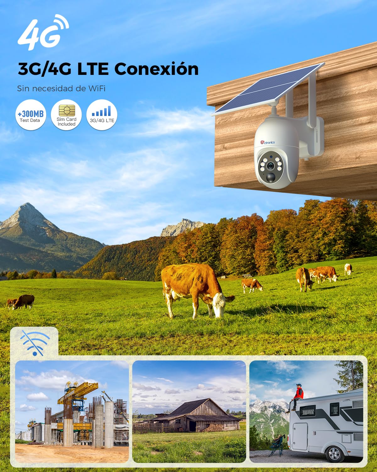 Ctronics 2K 4G LTE Camara Vigilancia Exterior Solar, PTZ IP Cámara | Vigilancia Sim Sin Cables, 10400mAh Batería, PC/Cloud/FTP, Visión Nocturna Color, Detección Movimiento PIR (Blanco)