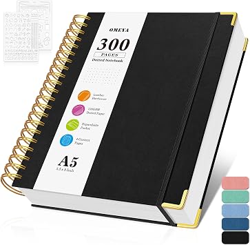 A5 Notebook, Bullet Dotted Journal Notebooks, 300 Pages Leather Note Book, 120 GSM Thick No Bleed Through Paper Journals, Small Dot Grid Notebook for Women Men School Office Writing, 14 x 21cm, Black