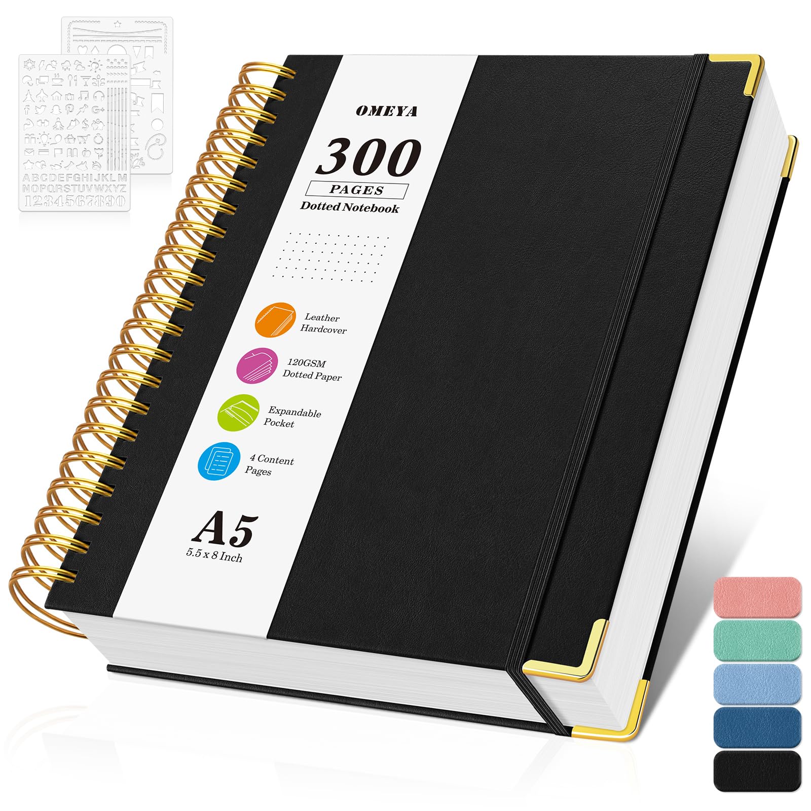 A5 Notebook, Bullet Dotted Journal Notebooks, 300 Pages Leather Note Book, 120 GSM Thick No Bleed Through Paper Journals