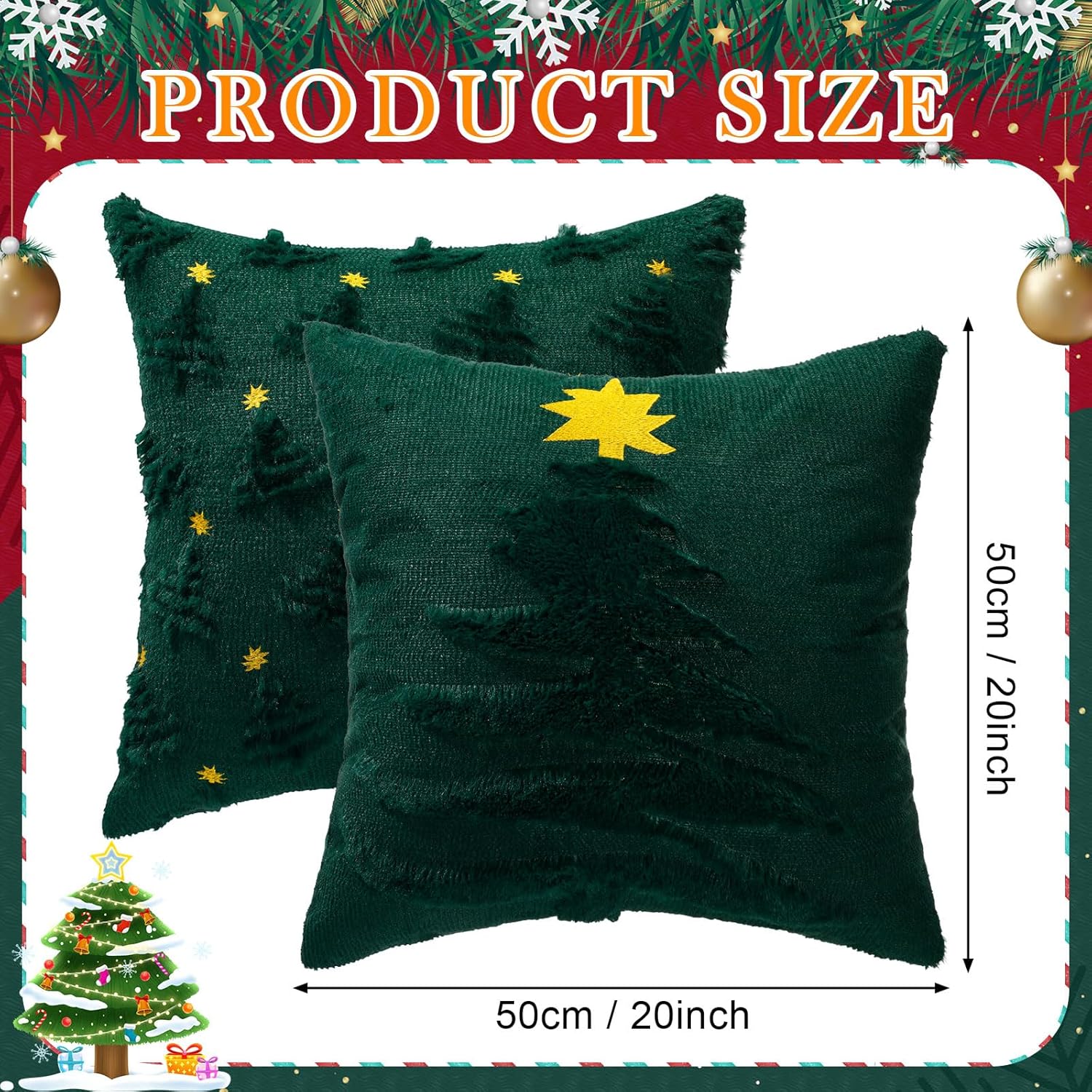 Tudomro 4 Pcs 2 Style Christmas Tree Throw Pillow Covers 20 x 20 Inch 3D Embroidered Soft Faux Fur Green Christmas Tree Design Pillowcases for Sofa Couch Bed Home Winter Holiday Xmas Decor