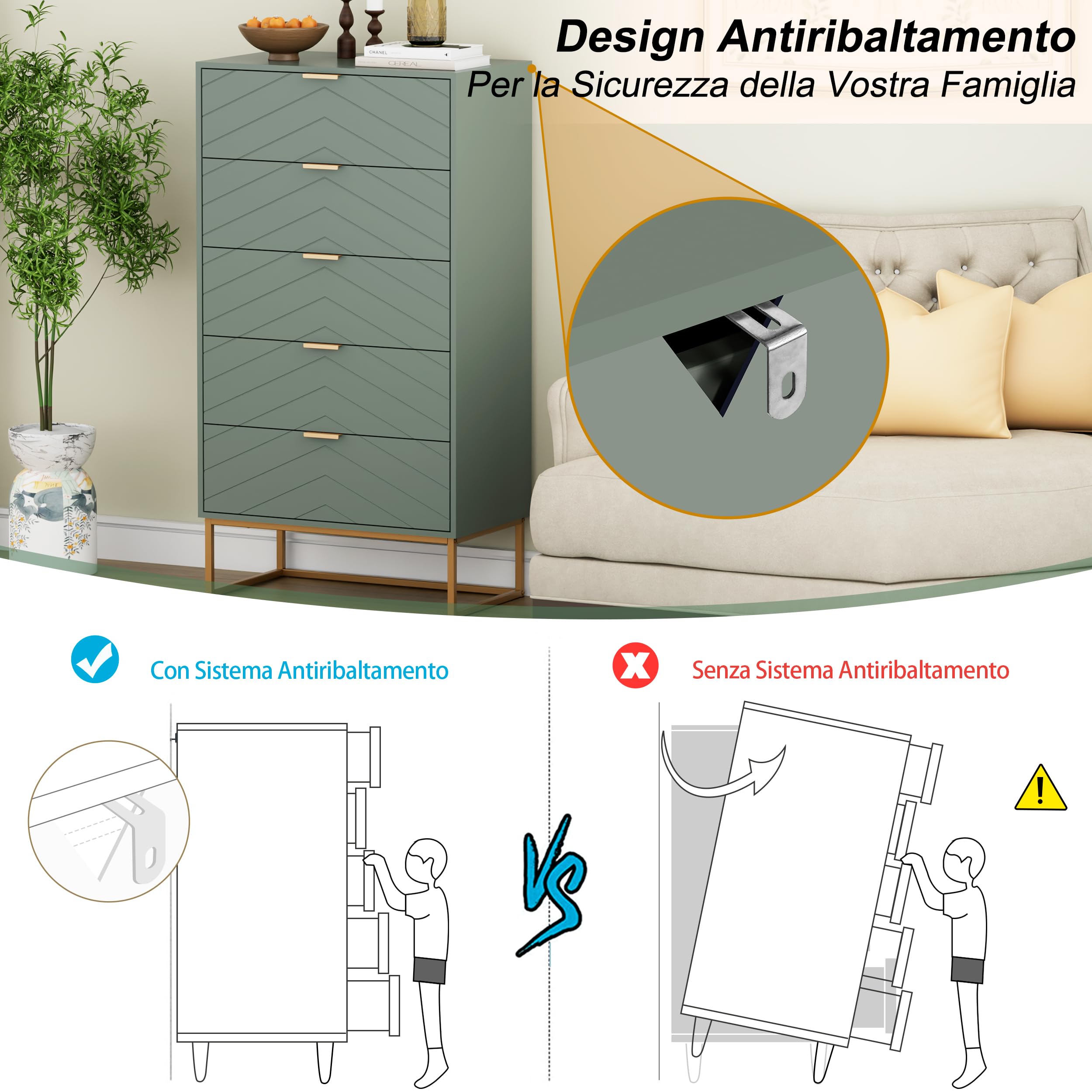 UEV Cassettiera Camera da Letto, Settimino con 5 Cassetti e Motivo di Linea, Mobiletto Moderno e Pratico, Sicuro Design Antiribaltamento, 60x34x110cm, Verde