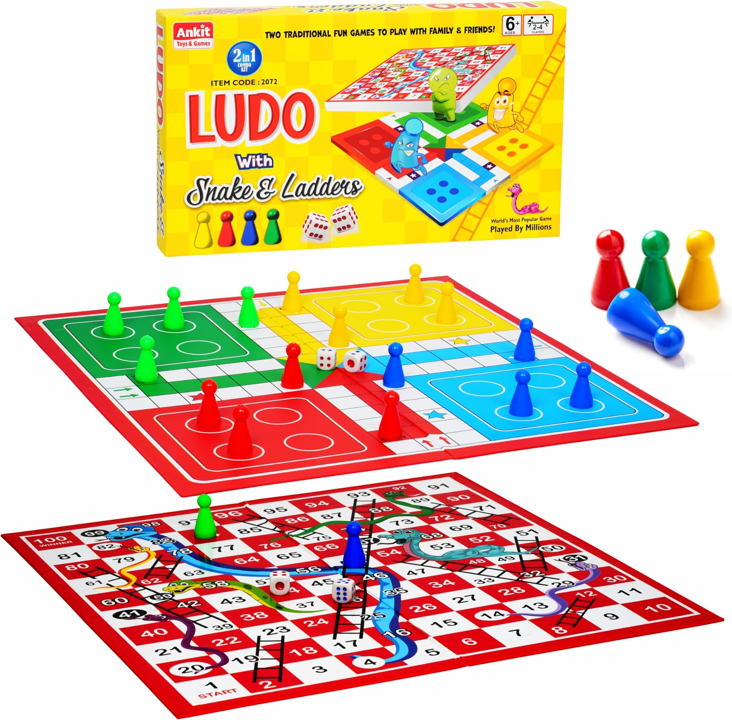 Ankit Toys & Games 2-in-1 Ludo, Snakes & Ladders Senior Classic Tabletop Family Board Games for 6+ Years Kid & Adults Double Sided Playing Board, 1 Dice, 16 Pawns Indoor 4 Players Gift Set for Kids