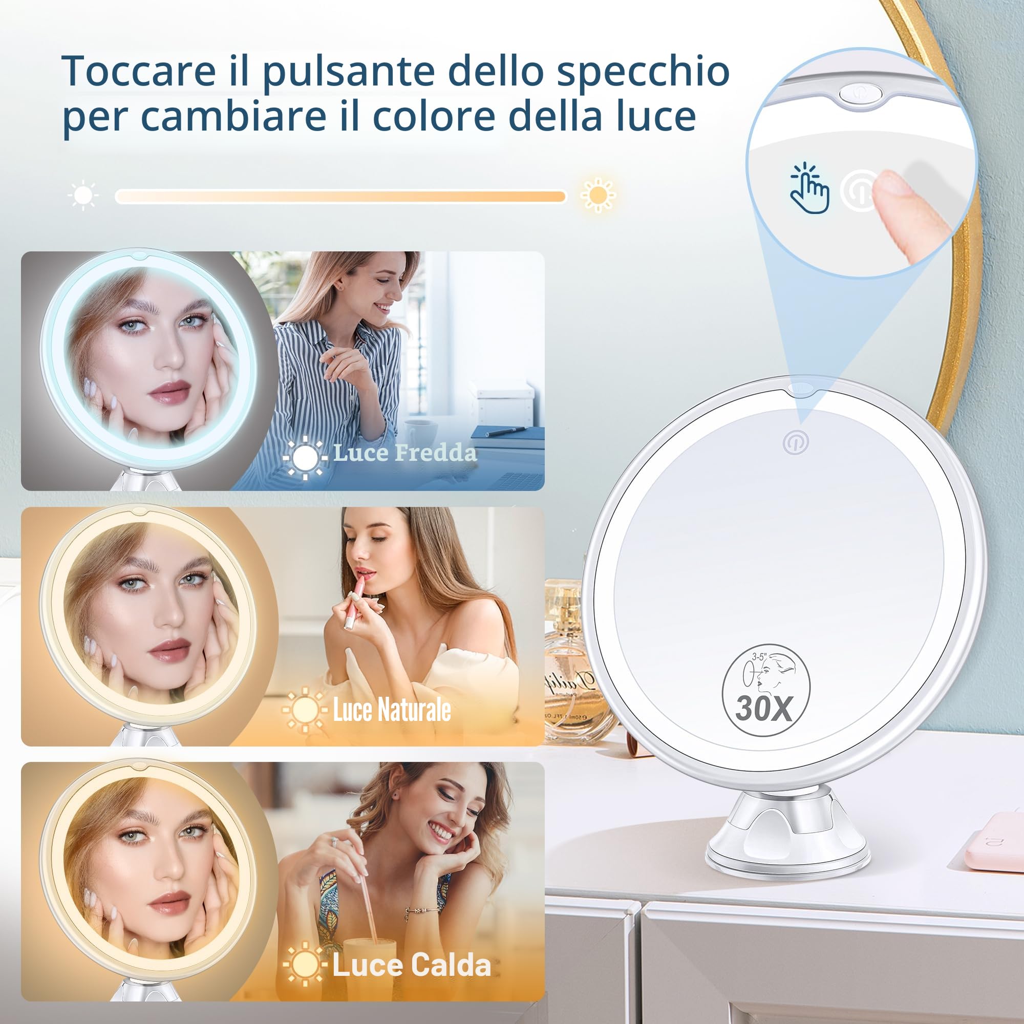 MIYADIVA Specchio Ingranditore con Luce 30X, Specchio Bagno con Ventosa, 3 Modalità di Colore e Luminosità Regolabile, specchio per bagno 20 cm
