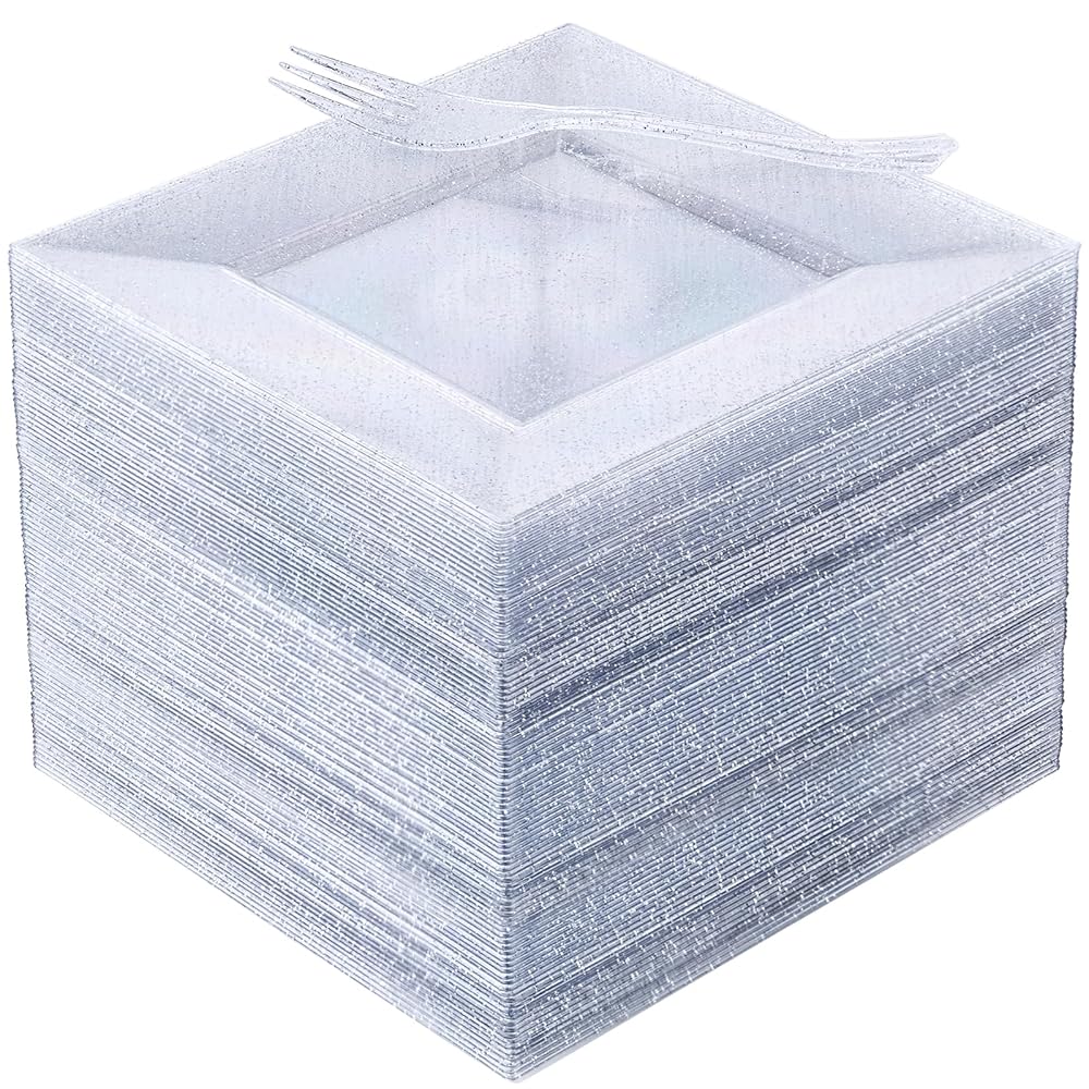 DaYammi 100Pcs Dessert Plates Set Including 50Pcs Cake Plates 6,50Pcs Plastic Forks 5.7,Silver Glitter Square Plastic plates for Wedding,Silver Dessert plates and Forks for Christmas Party Birthday