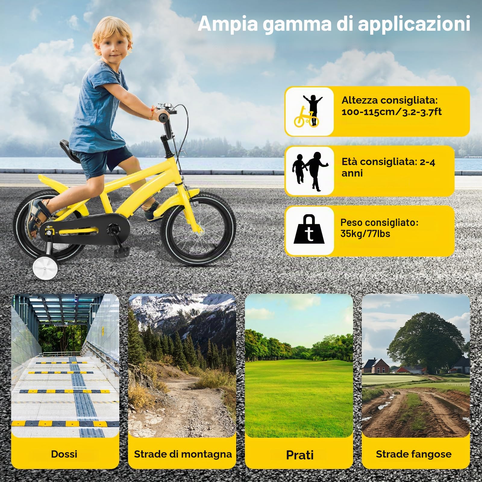 Bicicletta per bambini da 14 pollici, bicicletta per ragazzi con ruote di sostegno, bicicletta educativa con sedile regolabile, bicicletta per principianti con telaio robusto, mozzo a ruota