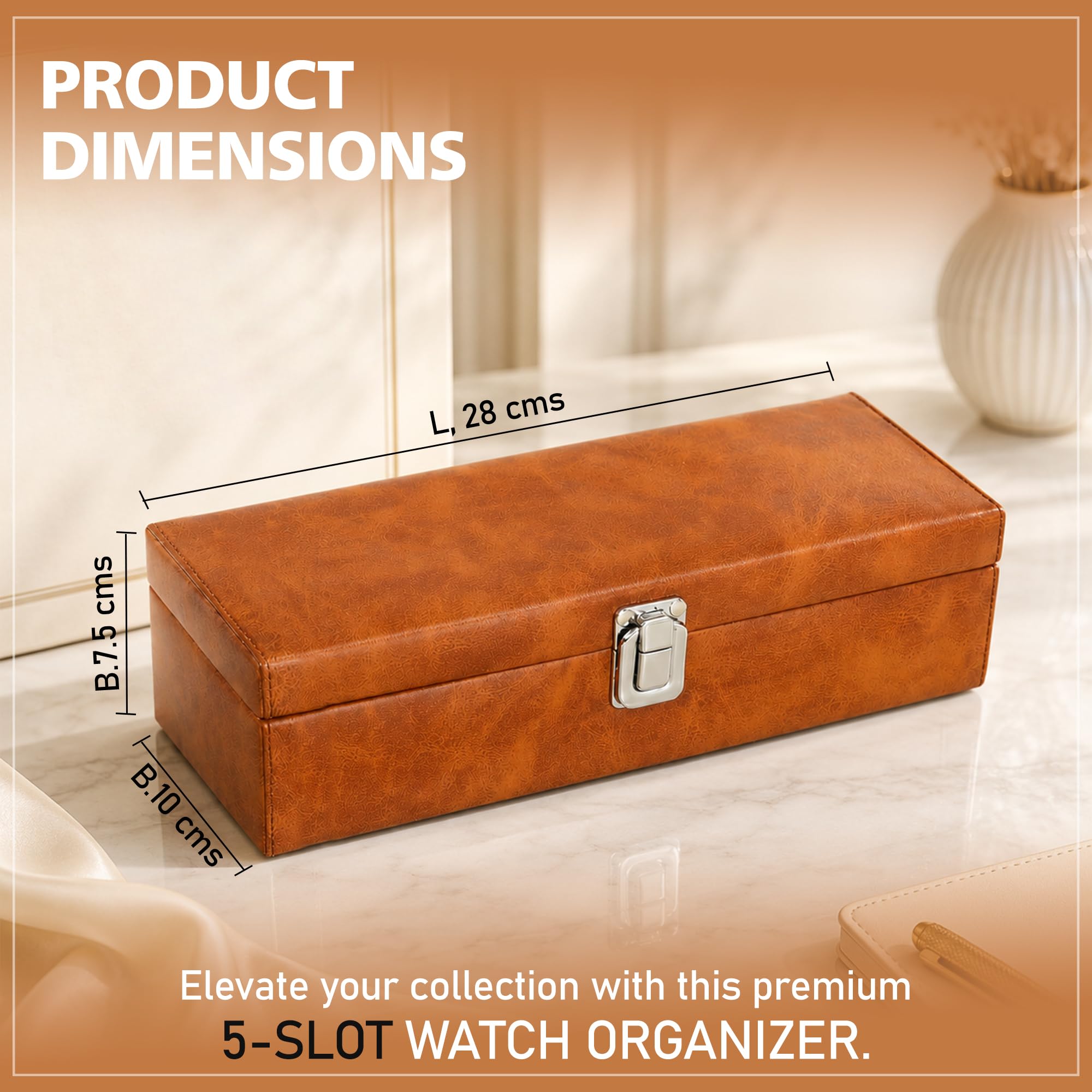 LEDO Watch Box organizer case for Men and Women in tan color with 5 slots of watches PU Leather 2