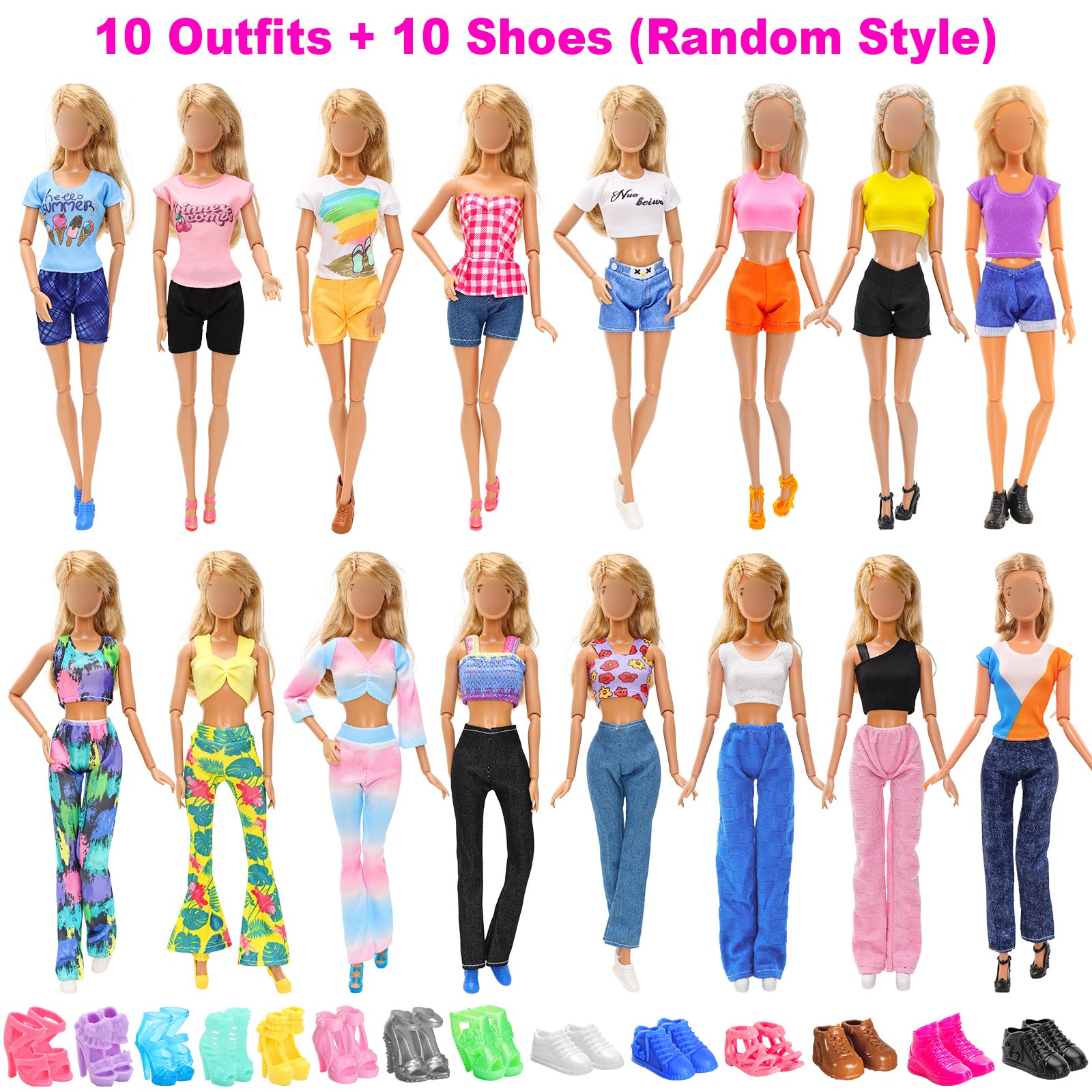 BARWA 30 PCS Doll Clothes and Accessories Casual Sport Sweet Outfits Pajamas Top and Pants Shorts High Heel Flat Shoes for 11.5 Inch Girl Doll