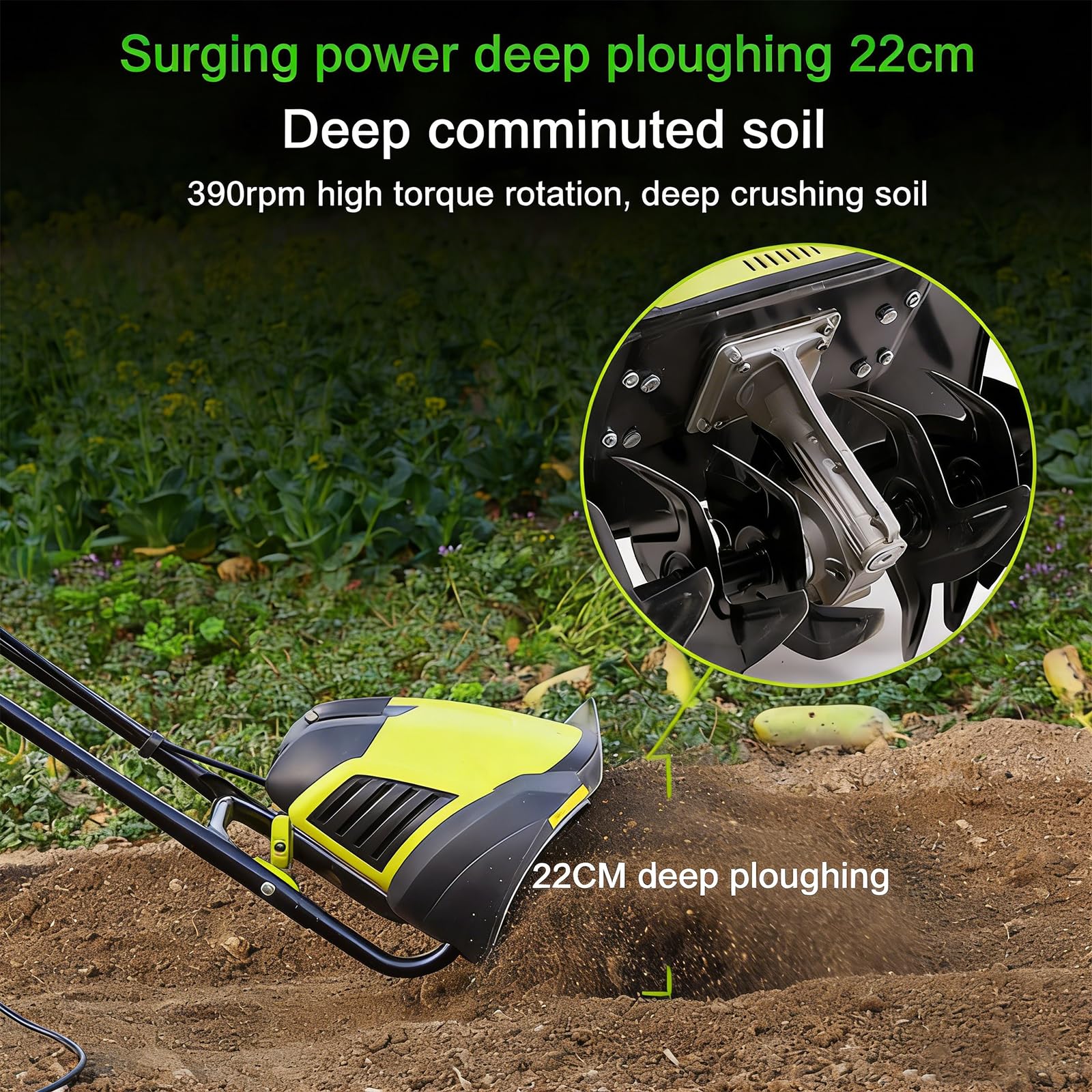 Generico Elettrico Coltivatore 2400 W, Diserbo con 3 Lame, Cavo di Prolunga, profondità di Lavorazione 22 Cm, Larghezza di Lavoro 45 Cm, Motozappa Multifunzionale per Giardino