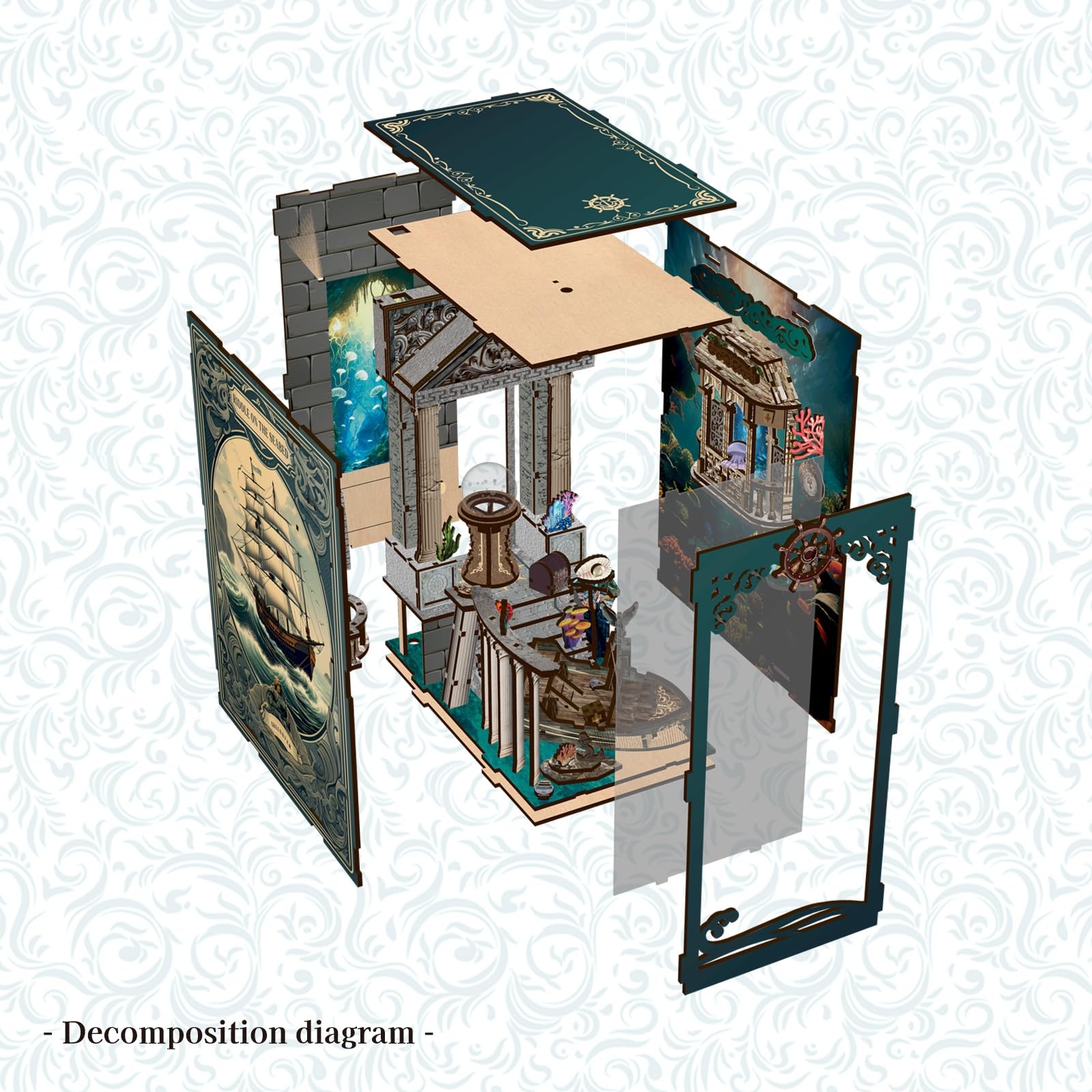 MaHo Book Nook Deep Sea Treasures - DIY Miniatur-Diorama fürs Bücherregal, 216 Teile, 11 x 18 x 23 cm, ab 12 Jahren - Booknook Diorama Modellbau Miniatur Bausatz – DIY Book Nook Kit aus Holz mit LED