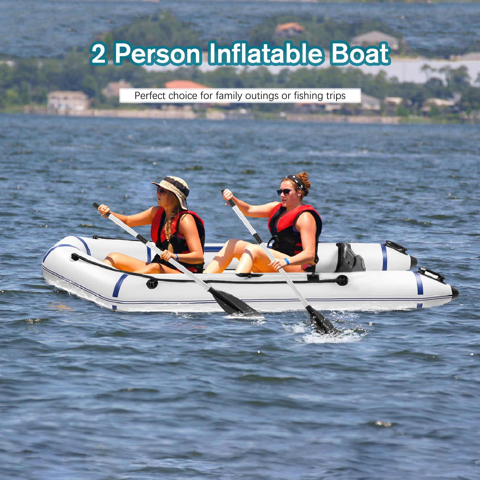 10ft Inflatable Dinghy Boat for 2 Adults, PVC Kayak-Style Pontoon Raft Tender Boat with 2 Paddles and Foot Pump, 726 lb Capacity, Portable Heavy-Duty Fishing Boats for Water Sports (Grey & White)