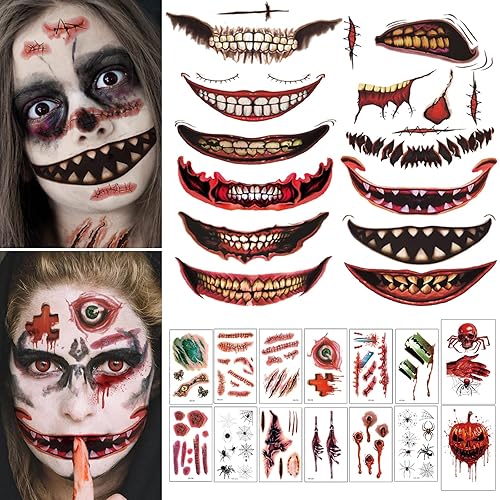 Maquillaje de broma de Halloween, tatuaje temporal, 26 piezas de tatuajes temporales de Halloween para adultos, tatuajes de boca de Halloween,